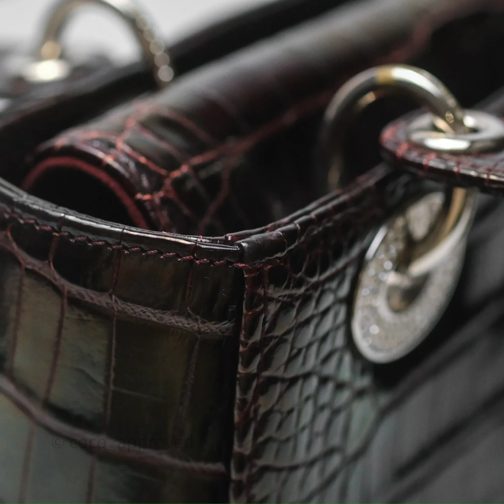Christian Dior Small Lady Dior Shiny Crocodile Burgundy Diamond Hardware