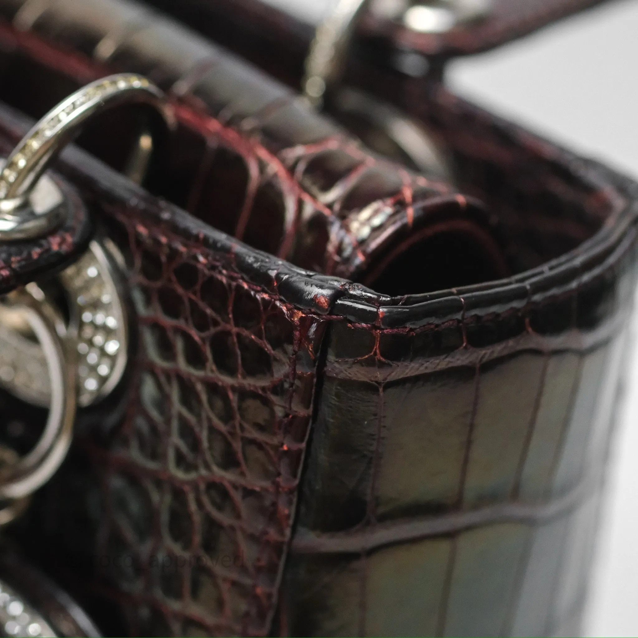 Christian Dior Small Lady Dior Shiny Crocodile Burgundy Diamond Hardware