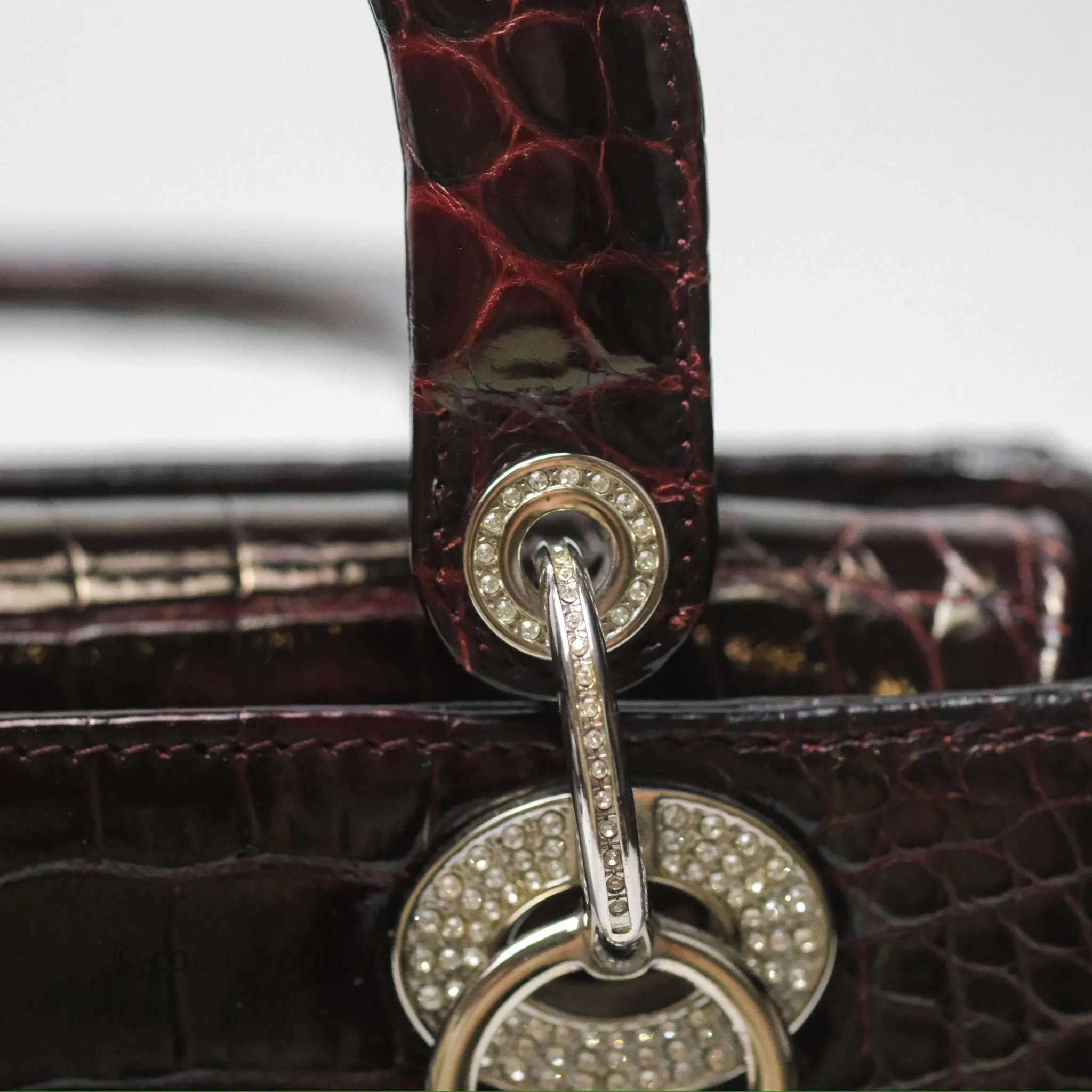 Christian Dior Small Lady Dior Shiny Crocodile Burgundy Diamond Hardware