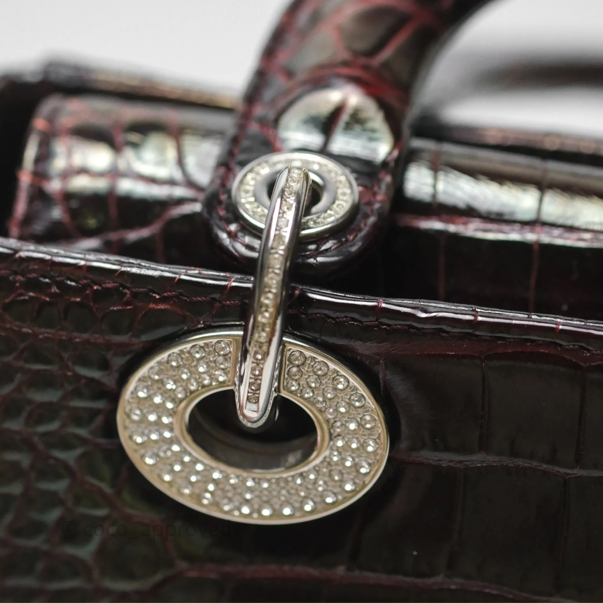 Christian Dior Small Lady Dior Shiny Crocodile Burgundy Diamond Hardware