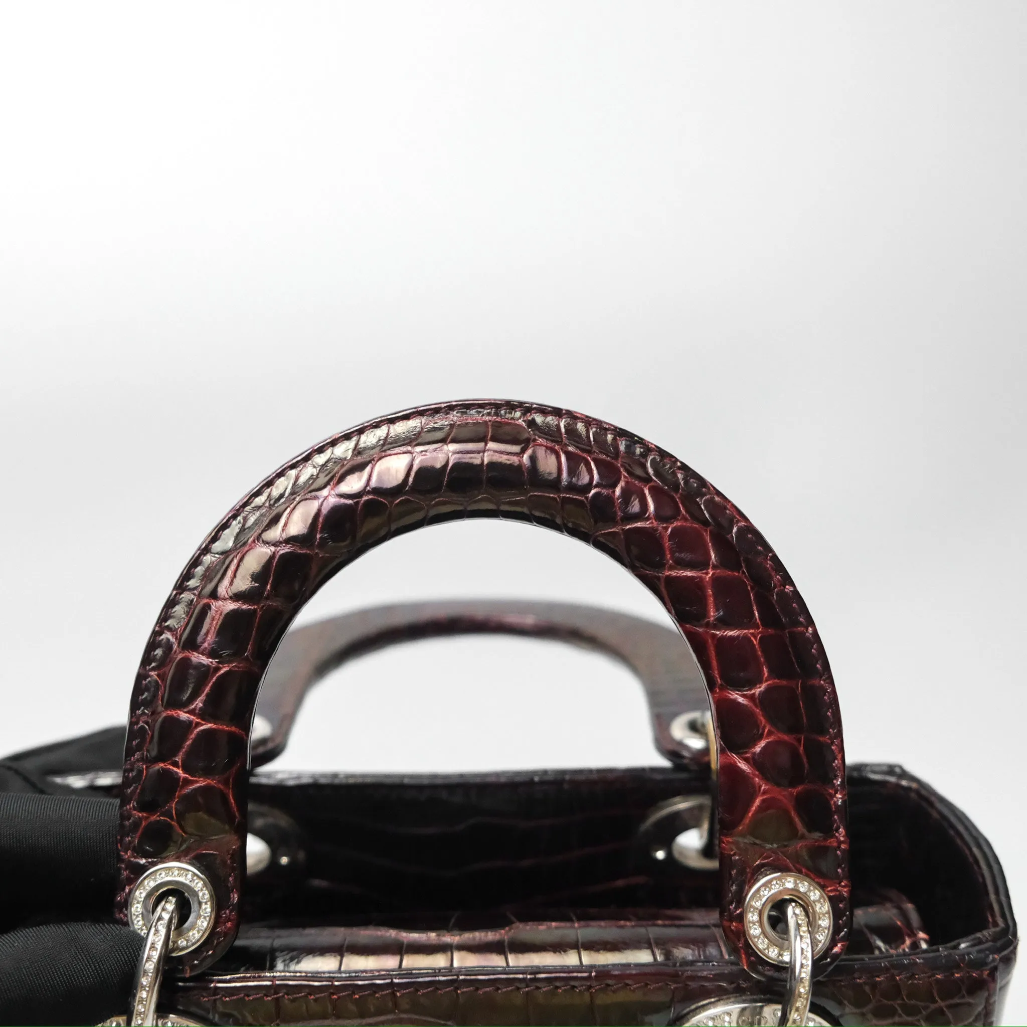 Christian Dior Small Lady Dior Shiny Crocodile Burgundy Diamond Hardware