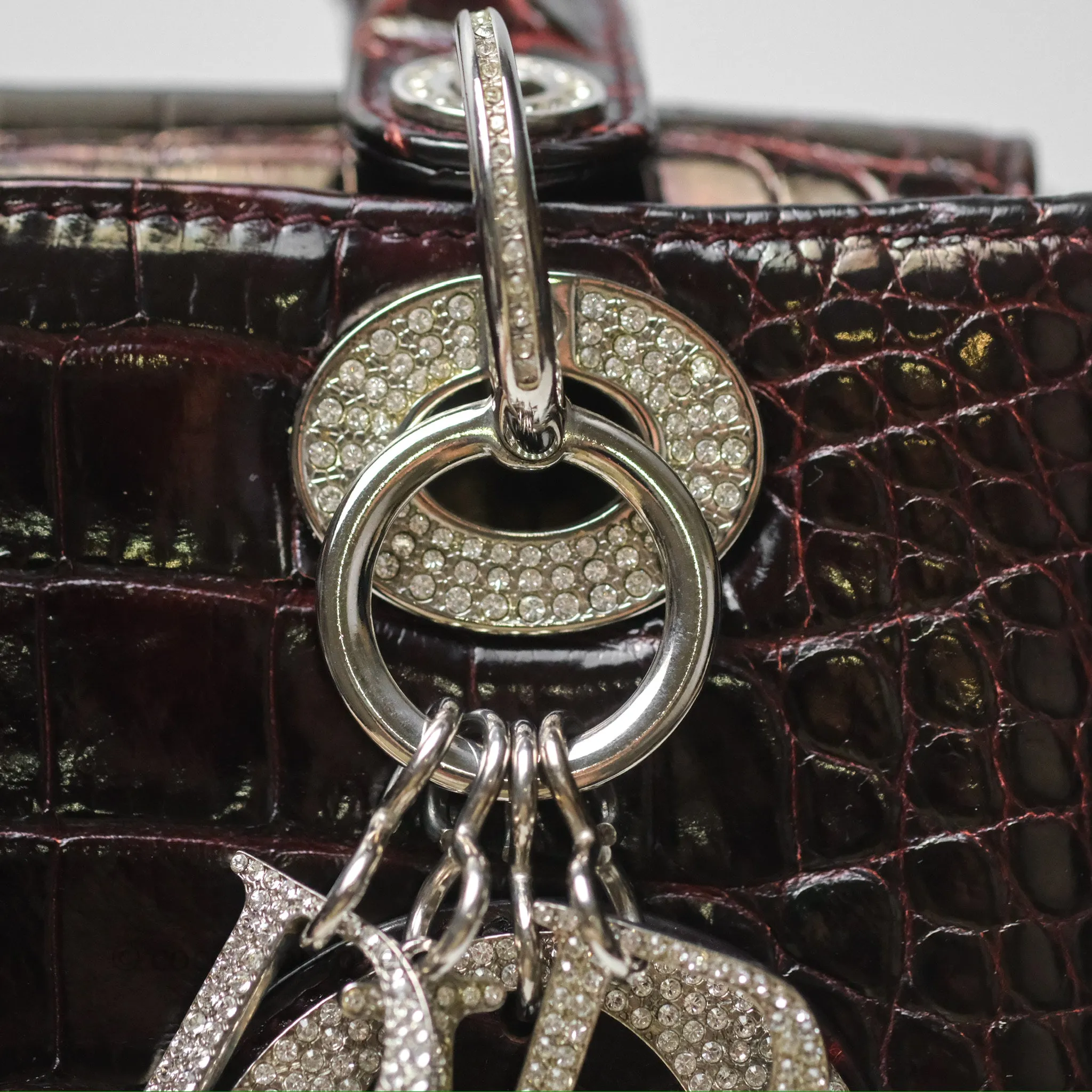 Christian Dior Small Lady Dior Shiny Crocodile Burgundy Diamond Hardware