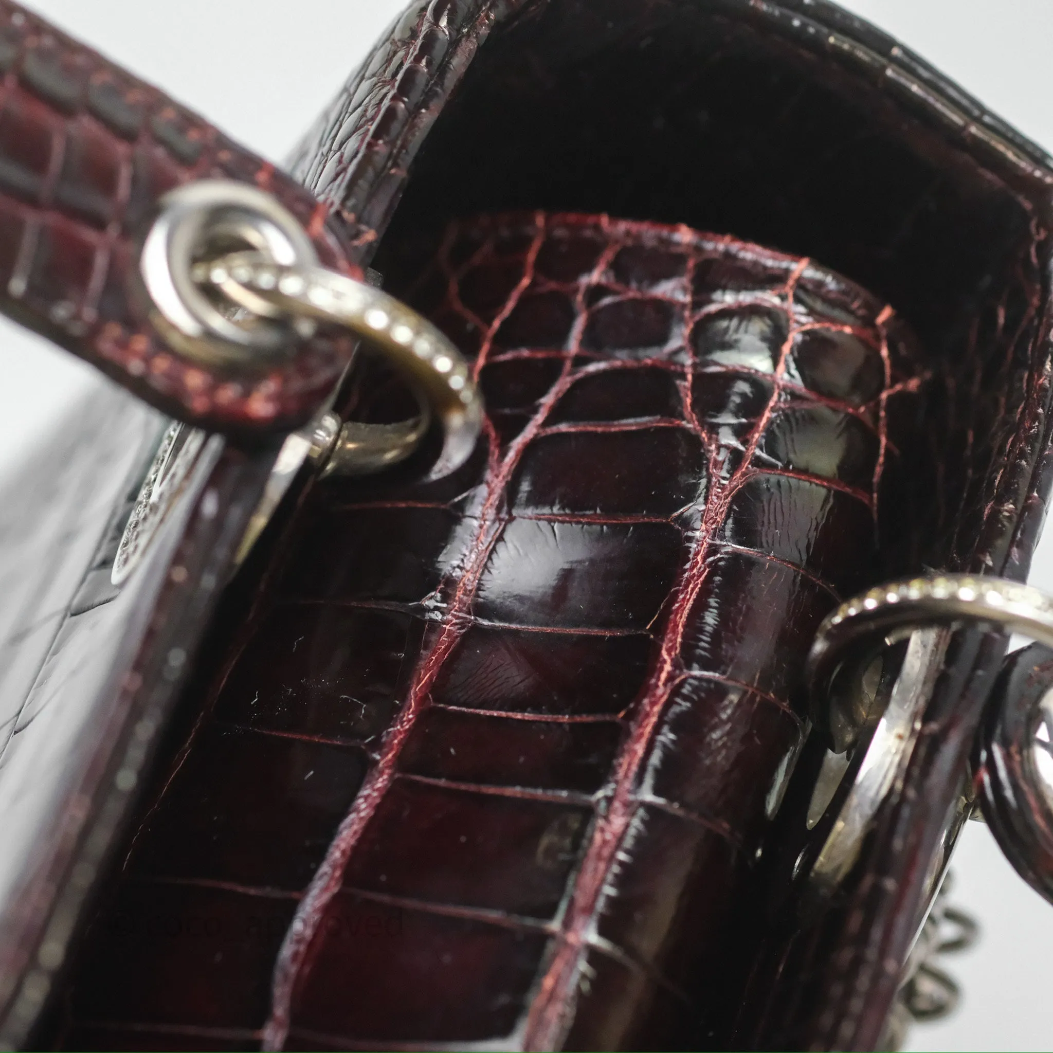 Christian Dior Small Lady Dior Shiny Crocodile Burgundy Diamond Hardware