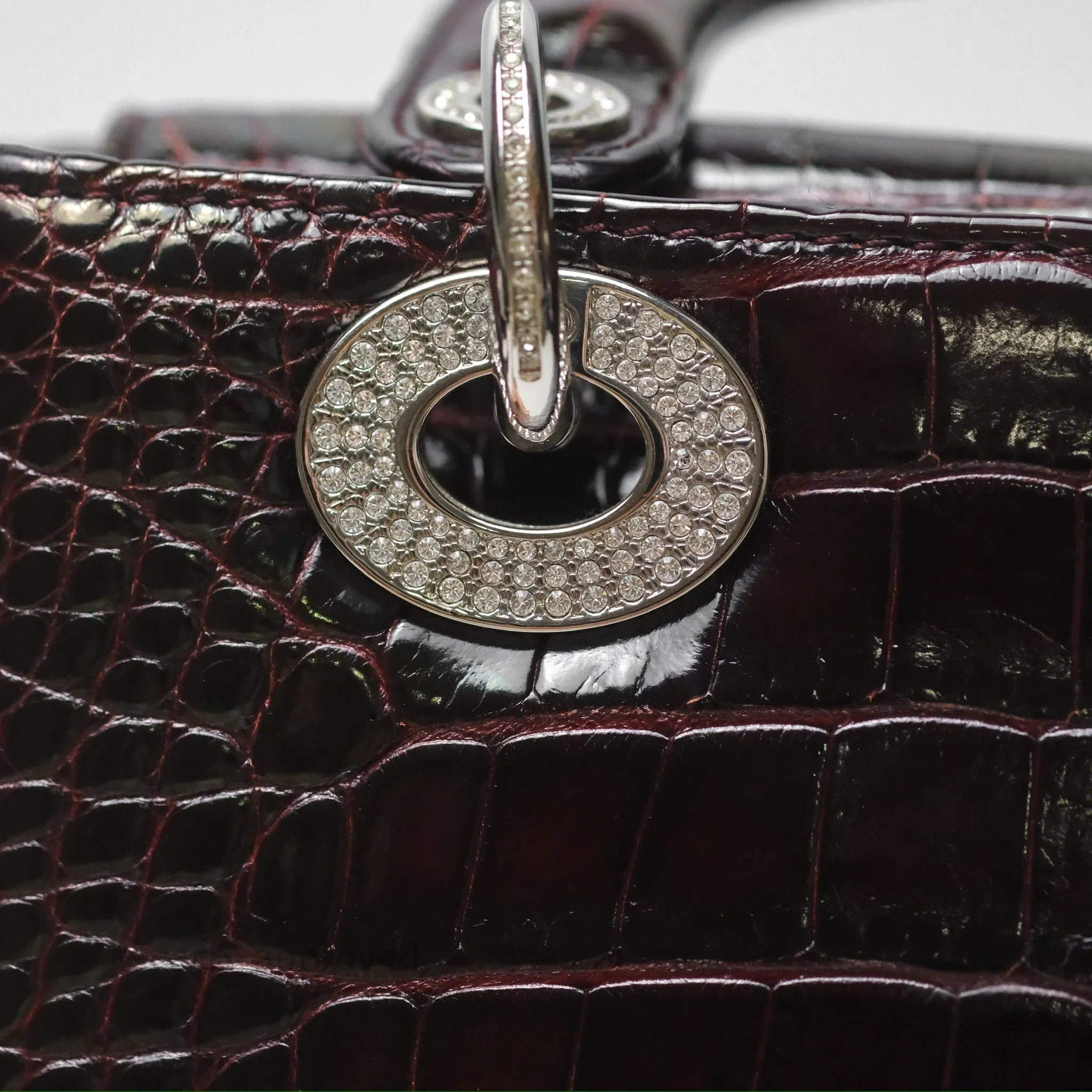 Christian Dior Small Lady Dior Shiny Crocodile Burgundy Diamond Hardware