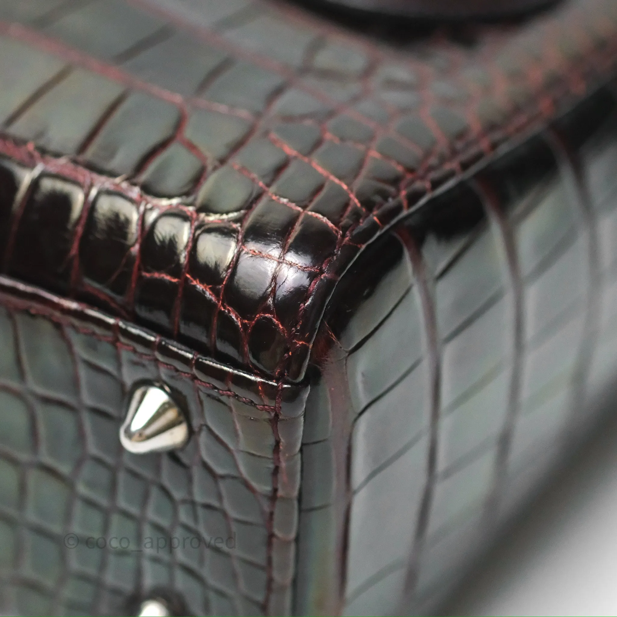 Christian Dior Small Lady Dior Shiny Crocodile Burgundy Diamond Hardware