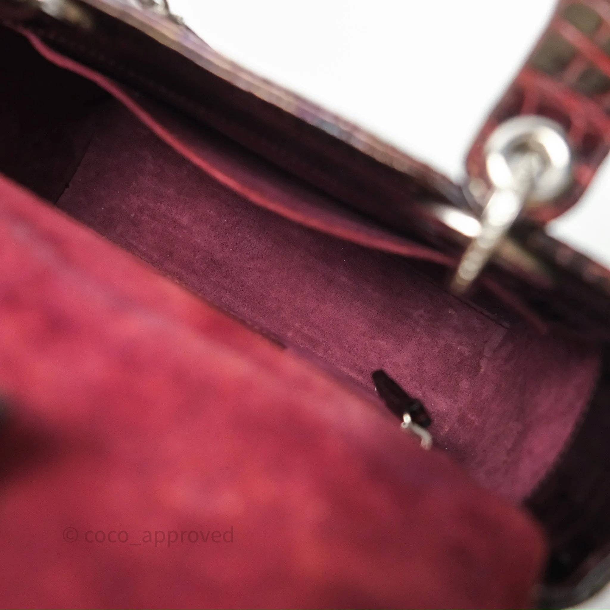 Christian Dior Small Lady Dior Shiny Crocodile Burgundy Diamond Hardware