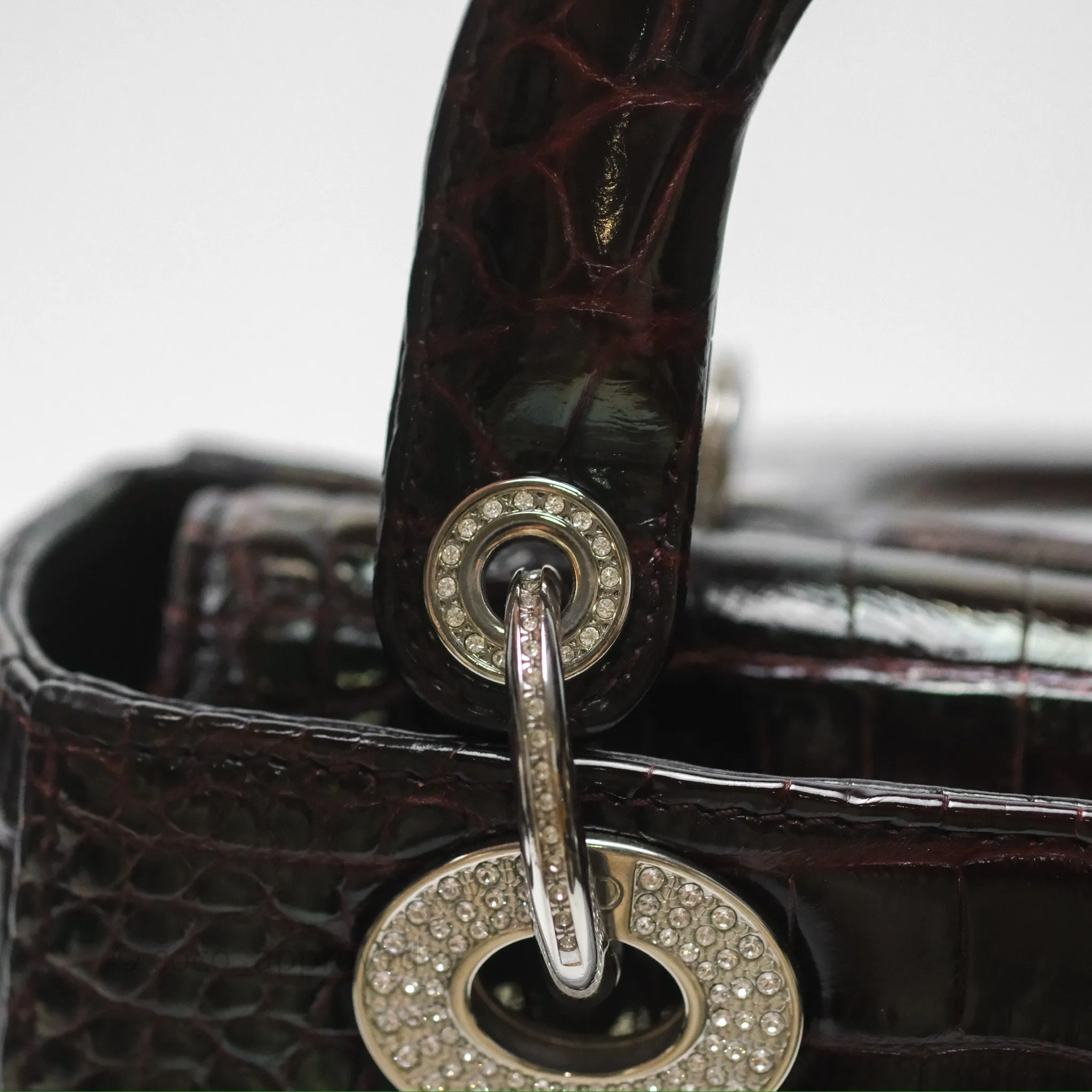 Christian Dior Small Lady Dior Shiny Crocodile Burgundy Diamond Hardware