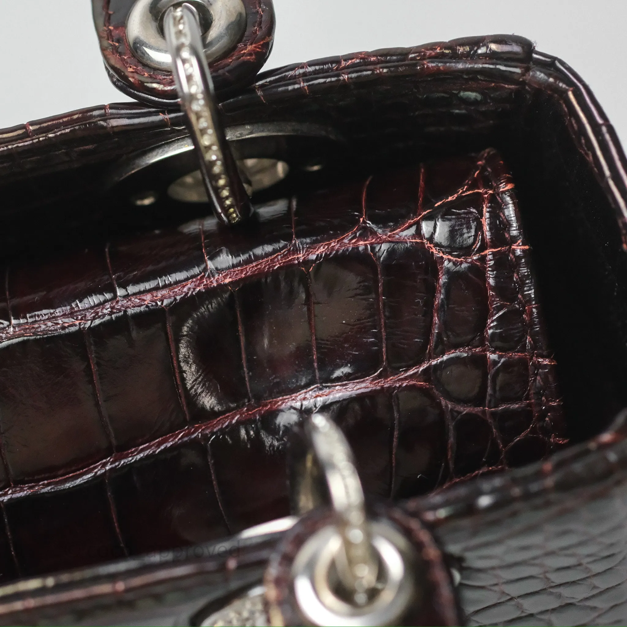 Christian Dior Small Lady Dior Shiny Crocodile Burgundy Diamond Hardware