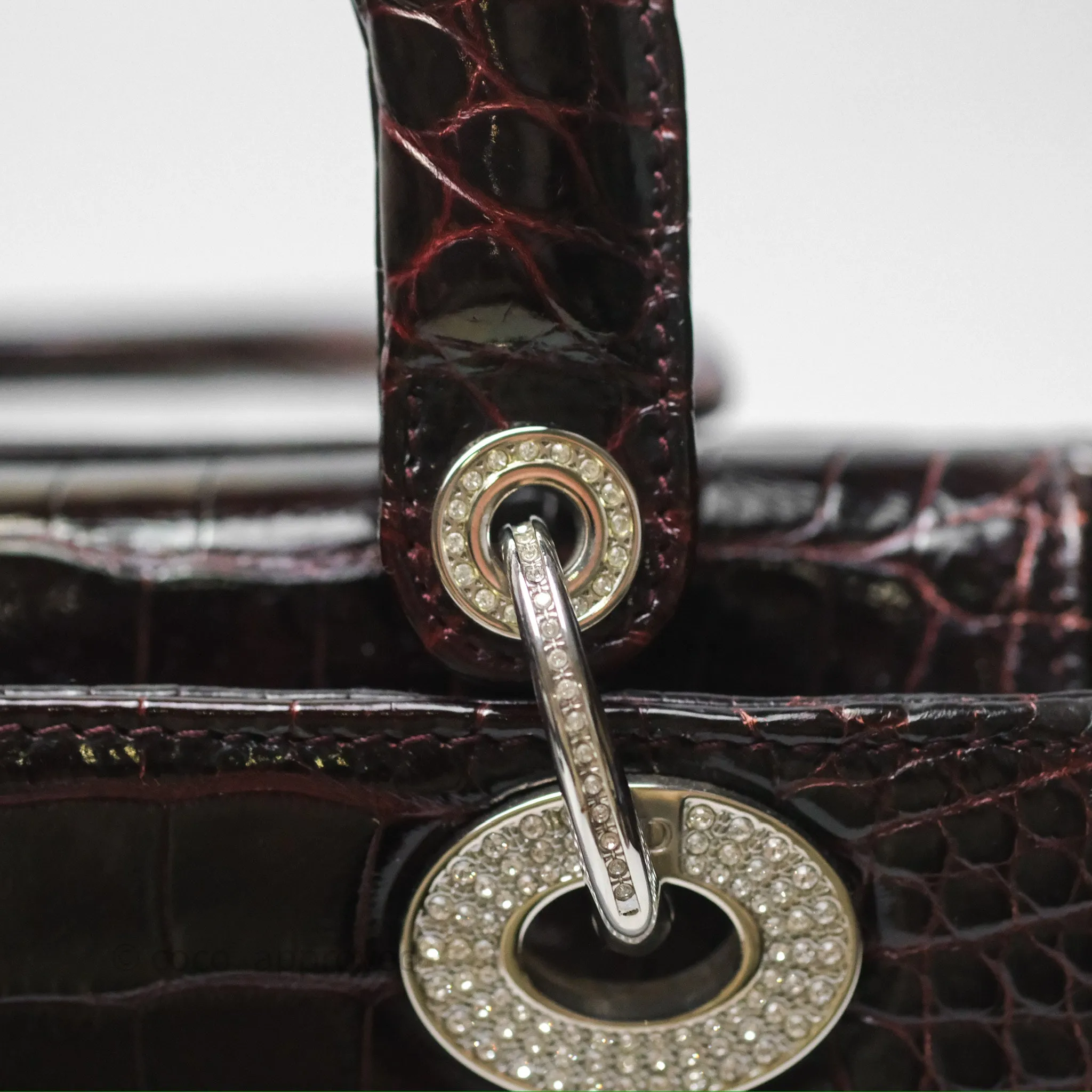 Christian Dior Small Lady Dior Shiny Crocodile Burgundy Diamond Hardware