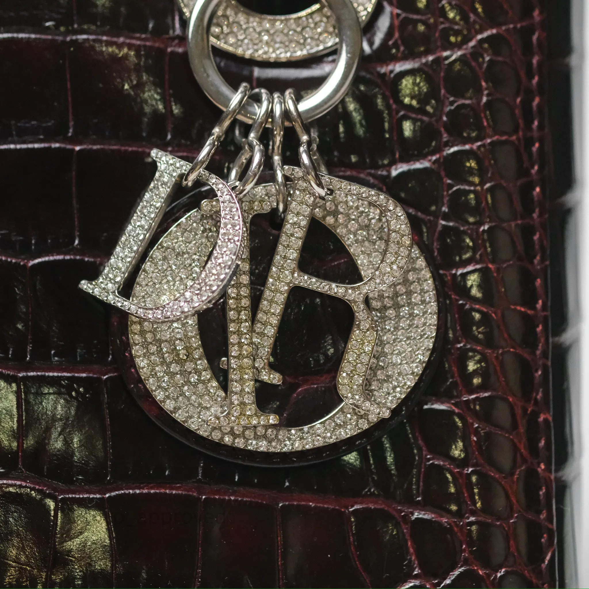 Christian Dior Small Lady Dior Shiny Crocodile Burgundy Diamond Hardware