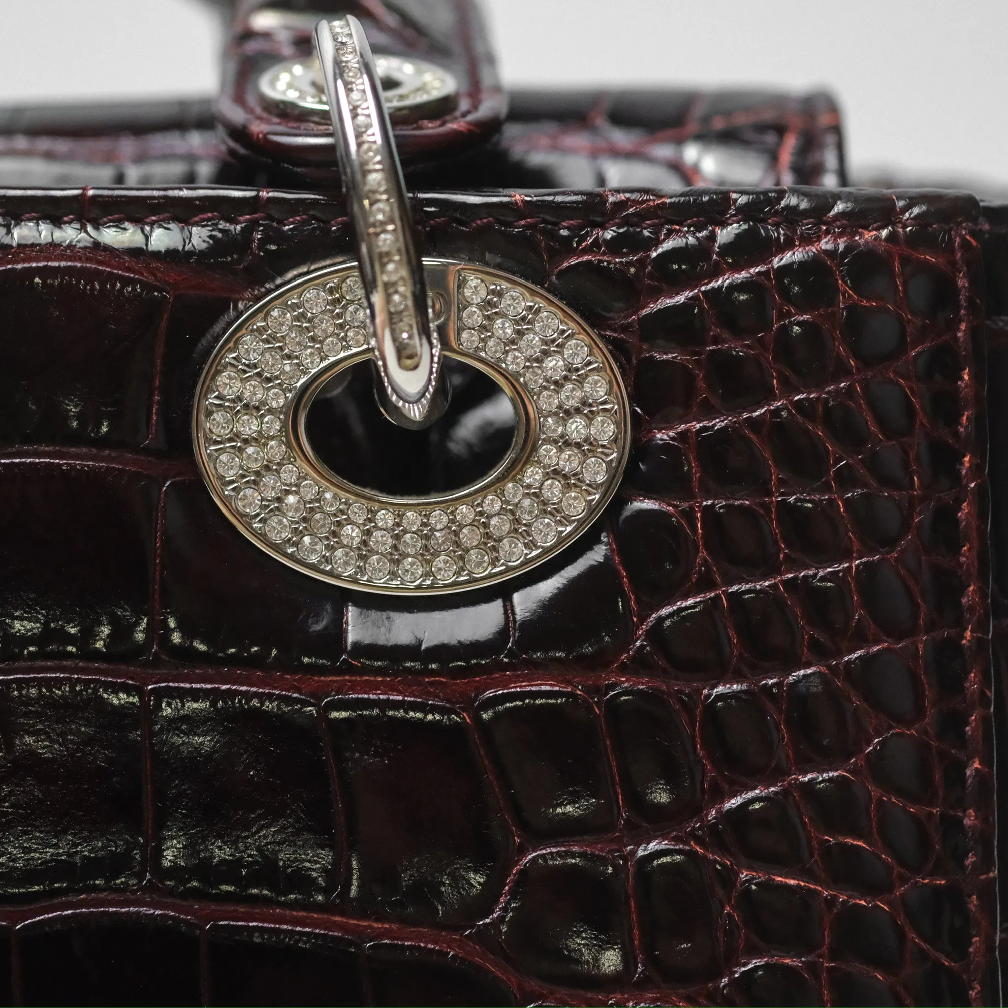 Christian Dior Small Lady Dior Shiny Crocodile Burgundy Diamond Hardware