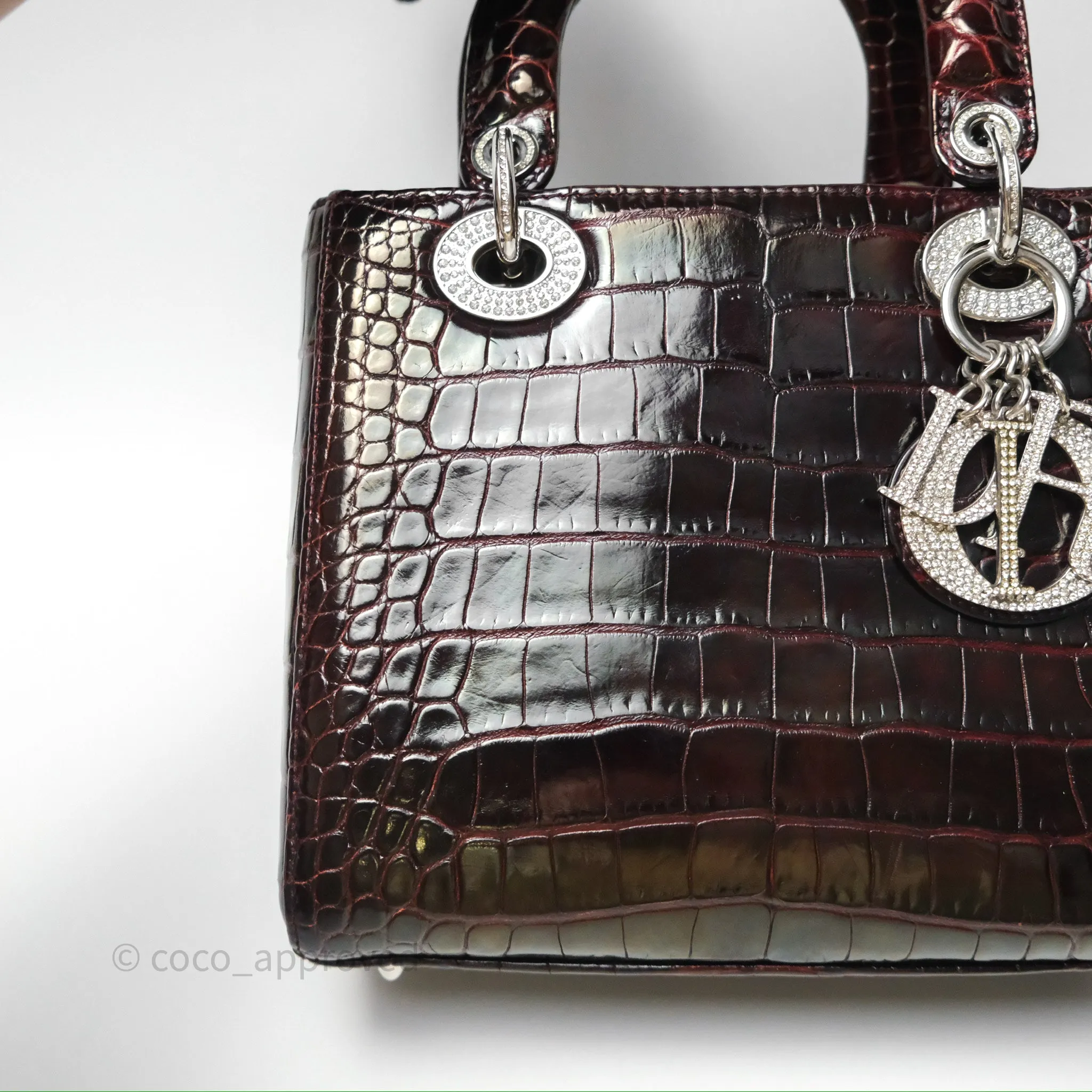 Christian Dior Small Lady Dior Shiny Crocodile Burgundy Diamond Hardware