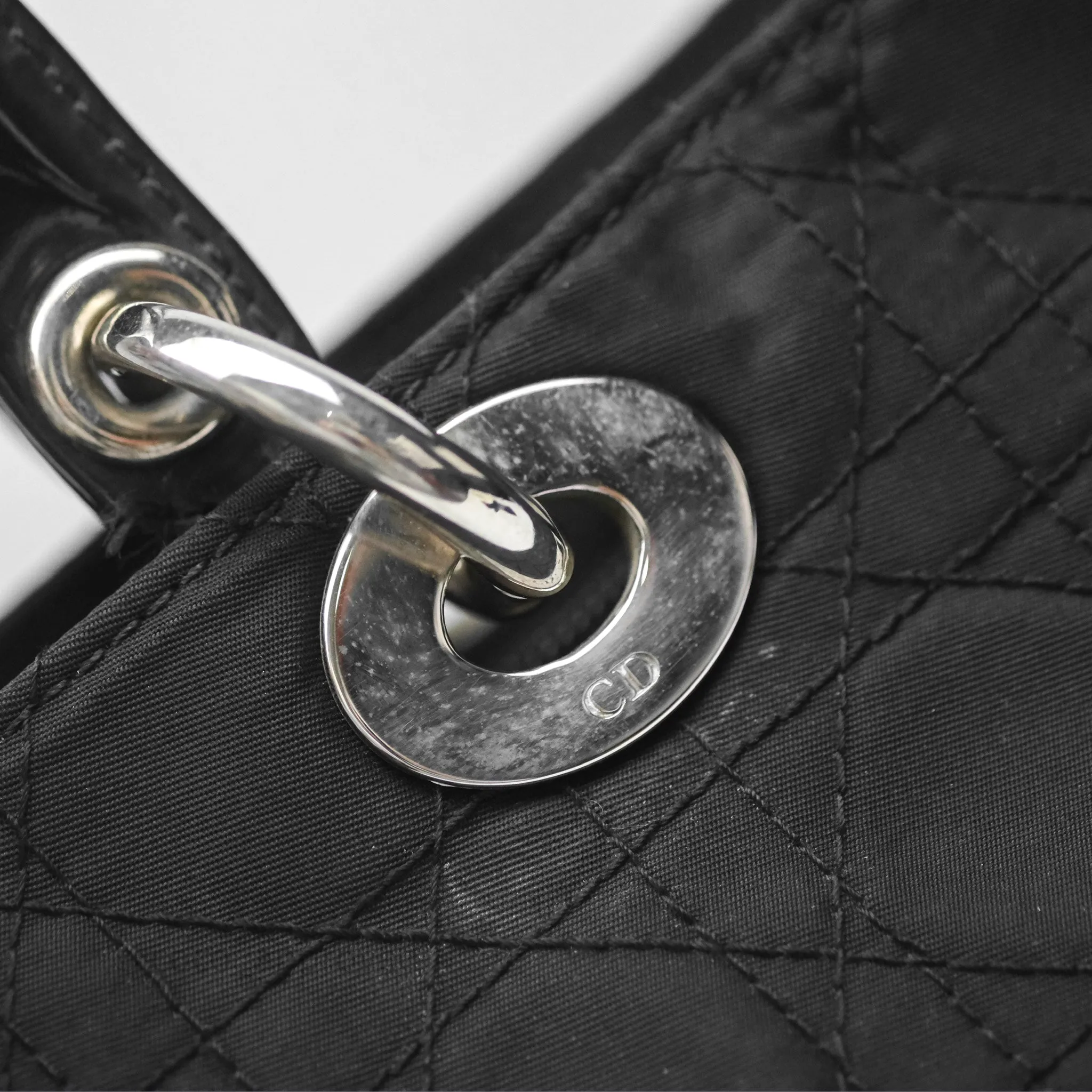 Christian Dior Vintage Large Lady Dior Cannage Fabric Black Silver Hardware