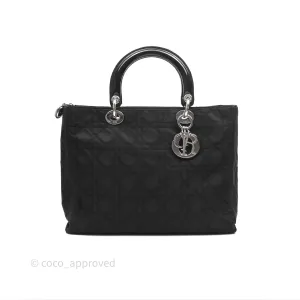 Christian Dior Vintage Large Lady Dior Cannage Fabric Black Silver Hardware
