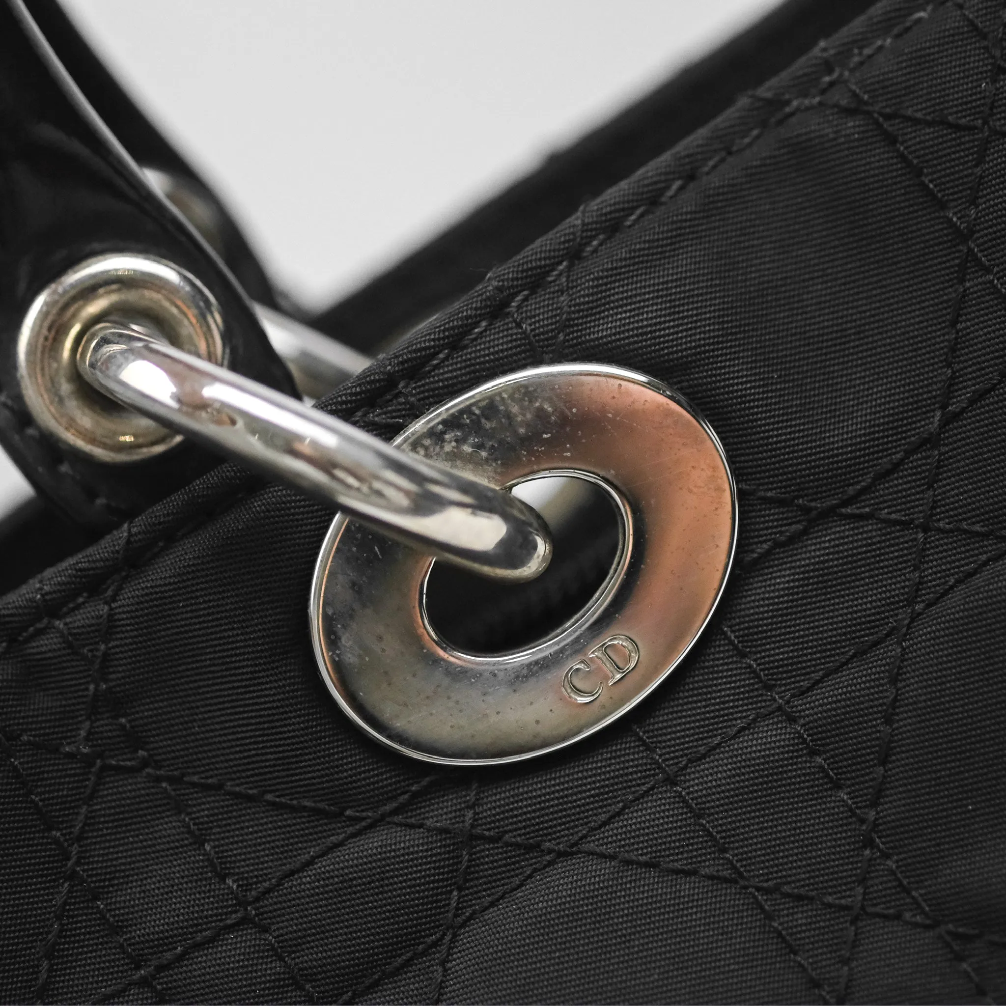 Christian Dior Vintage Large Lady Dior Cannage Fabric Black Silver Hardware