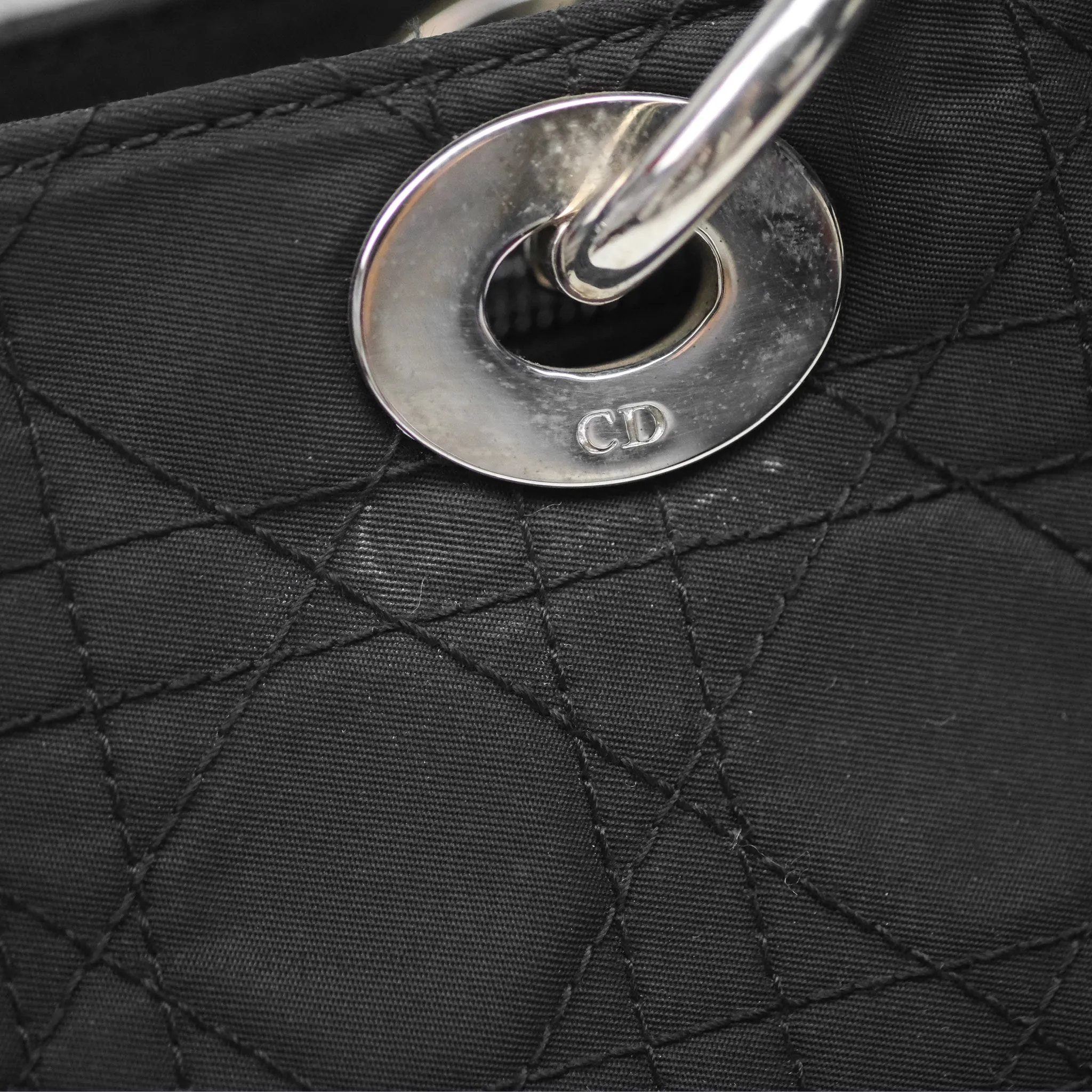 Christian Dior Vintage Large Lady Dior Cannage Fabric Black Silver Hardware