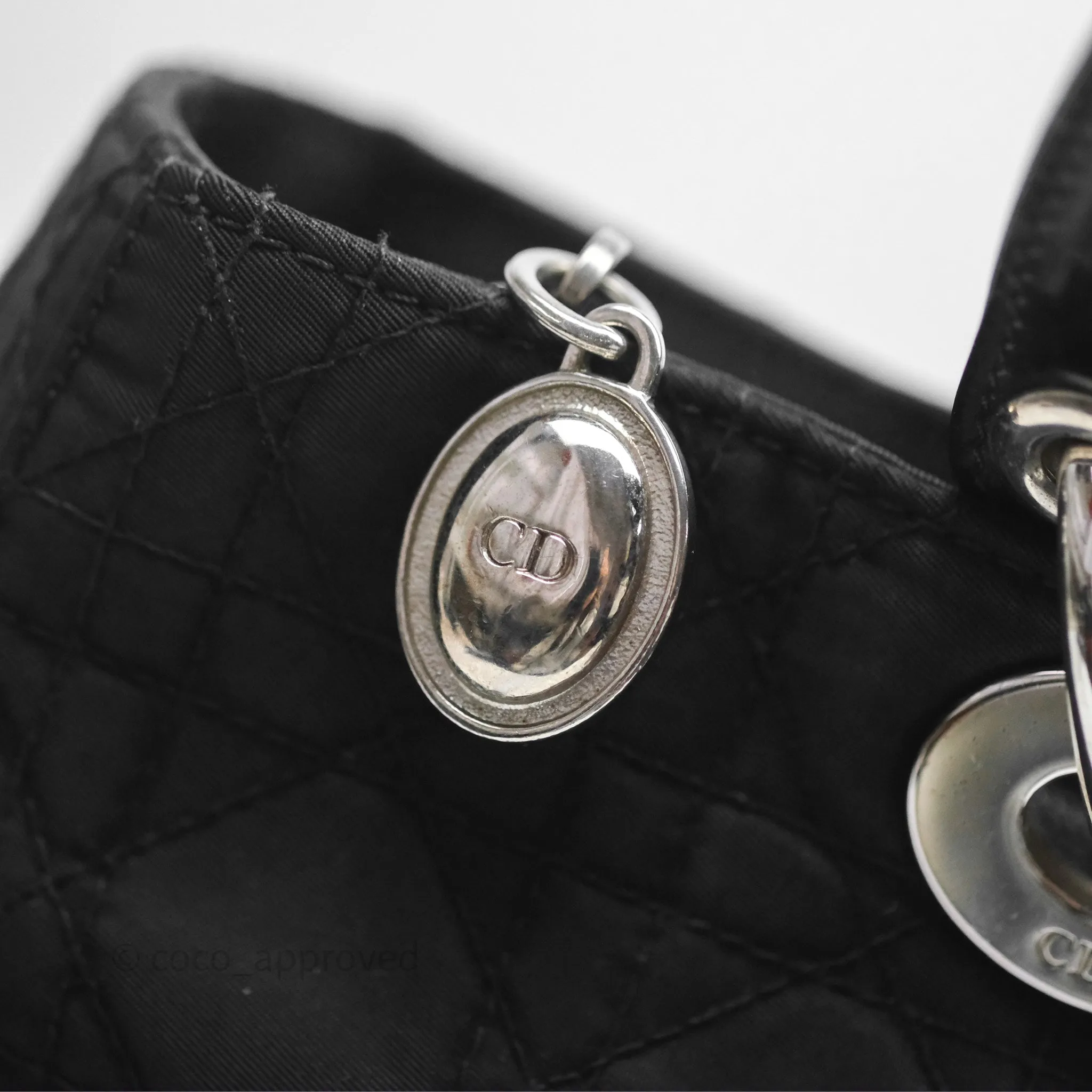 Christian Dior Vintage Large Lady Dior Cannage Fabric Black Silver Hardware