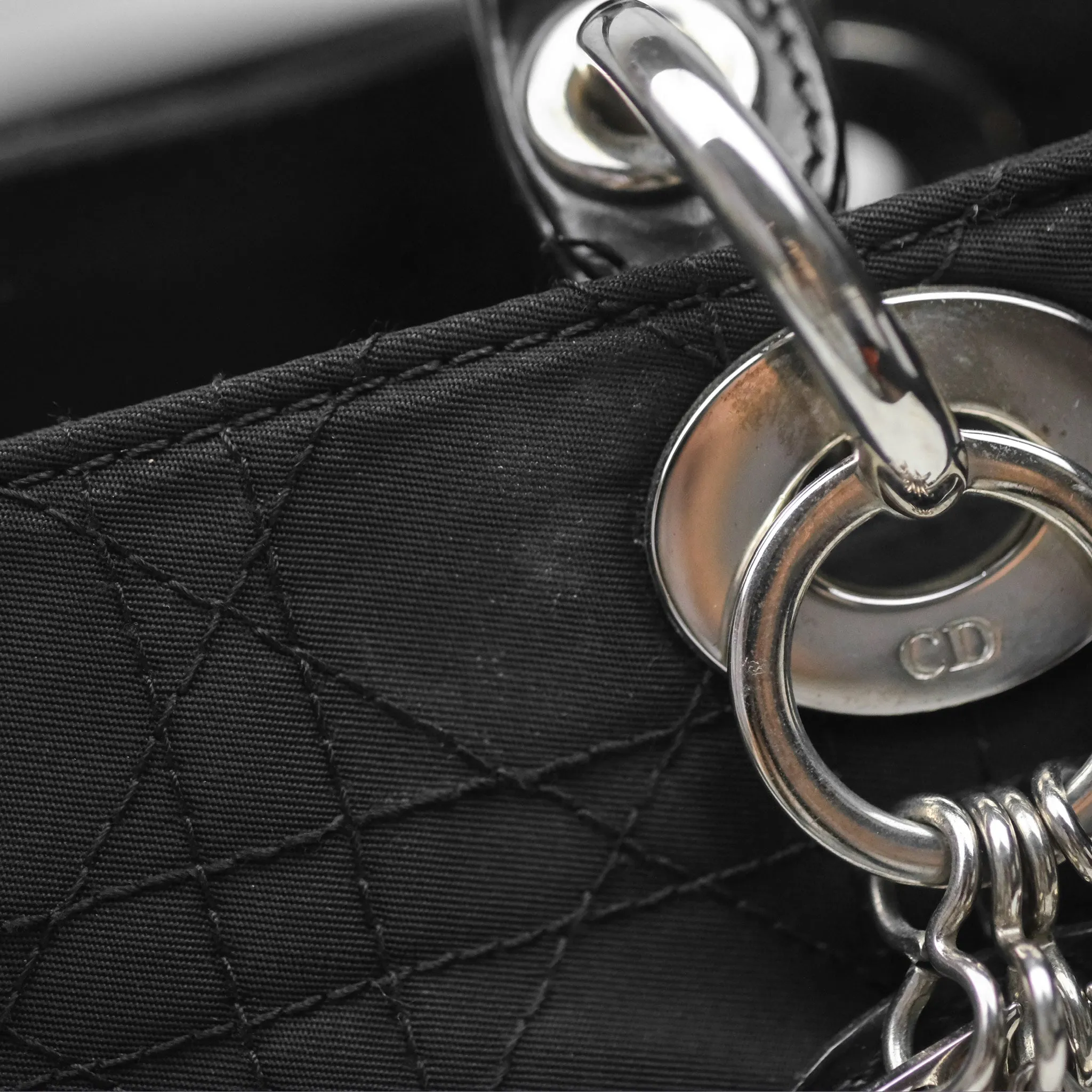 Christian Dior Vintage Large Lady Dior Cannage Fabric Black Silver Hardware
