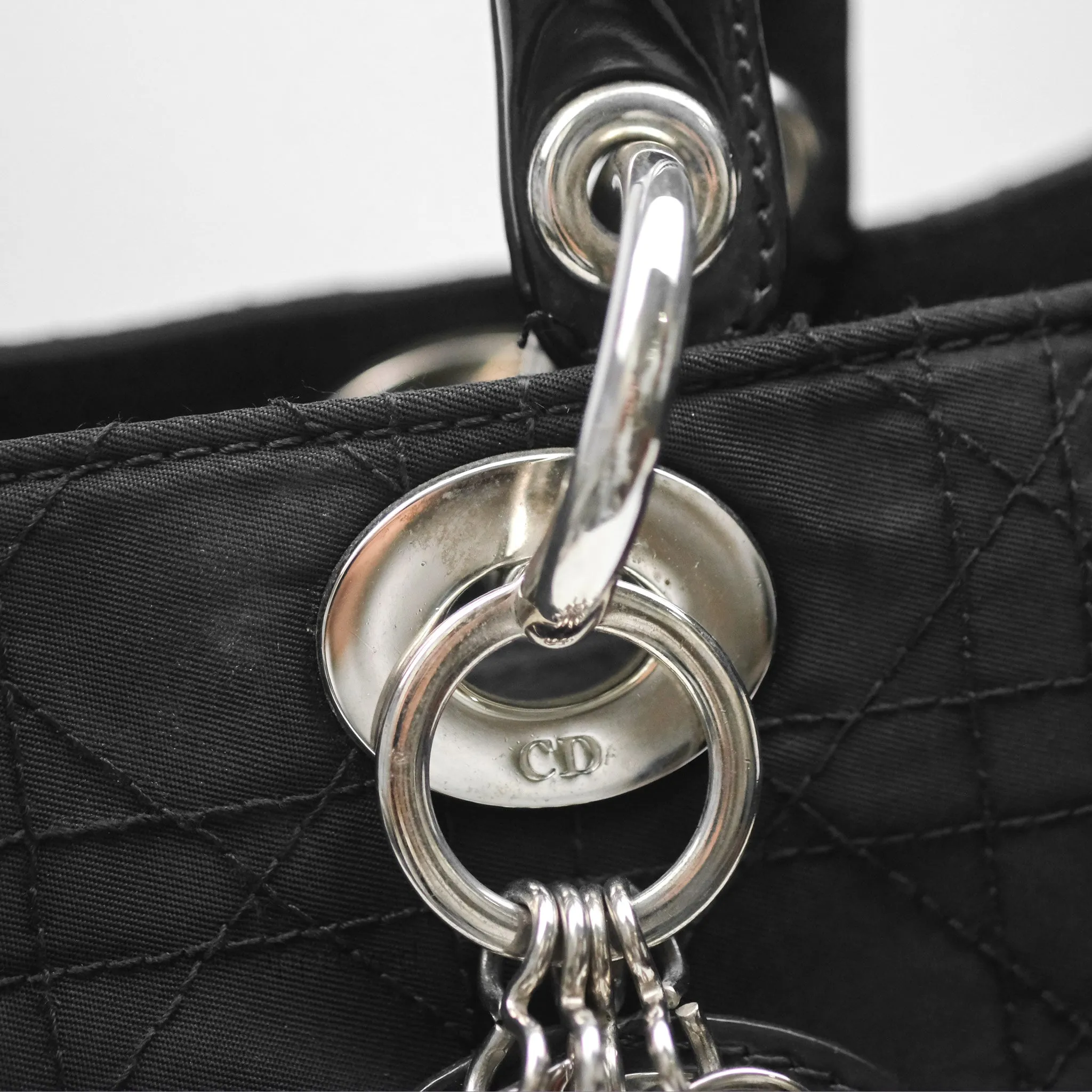 Christian Dior Vintage Large Lady Dior Cannage Fabric Black Silver Hardware