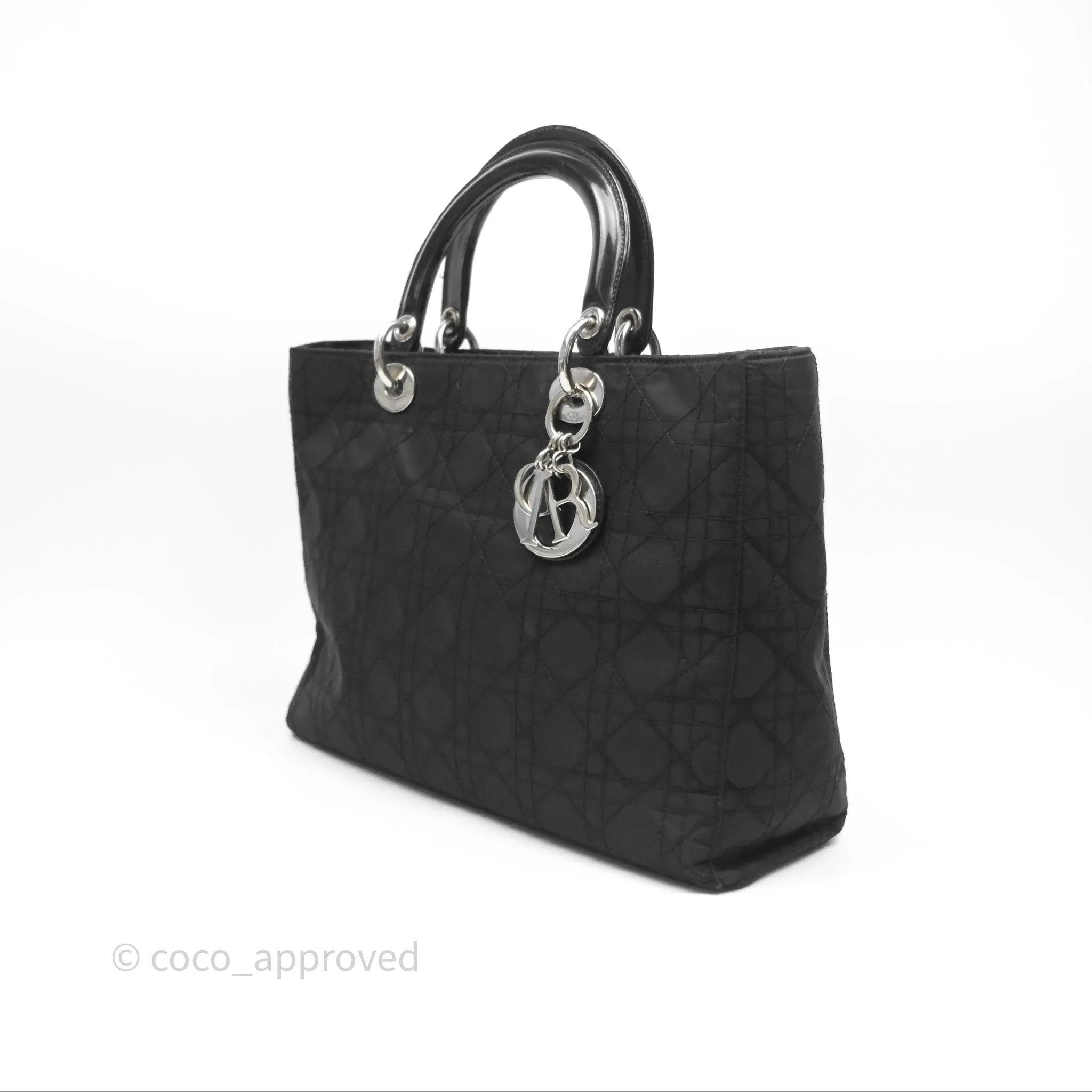 Christian Dior Vintage Large Lady Dior Cannage Fabric Black Silver Hardware