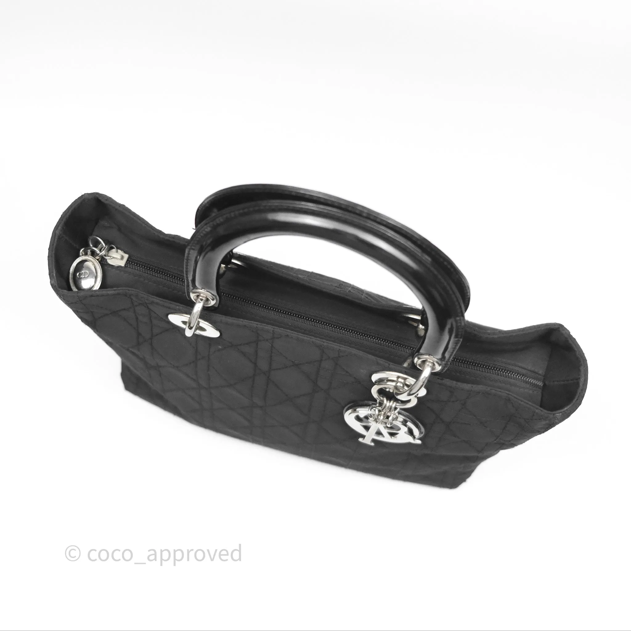 Christian Dior Vintage Large Lady Dior Cannage Fabric Black Silver Hardware