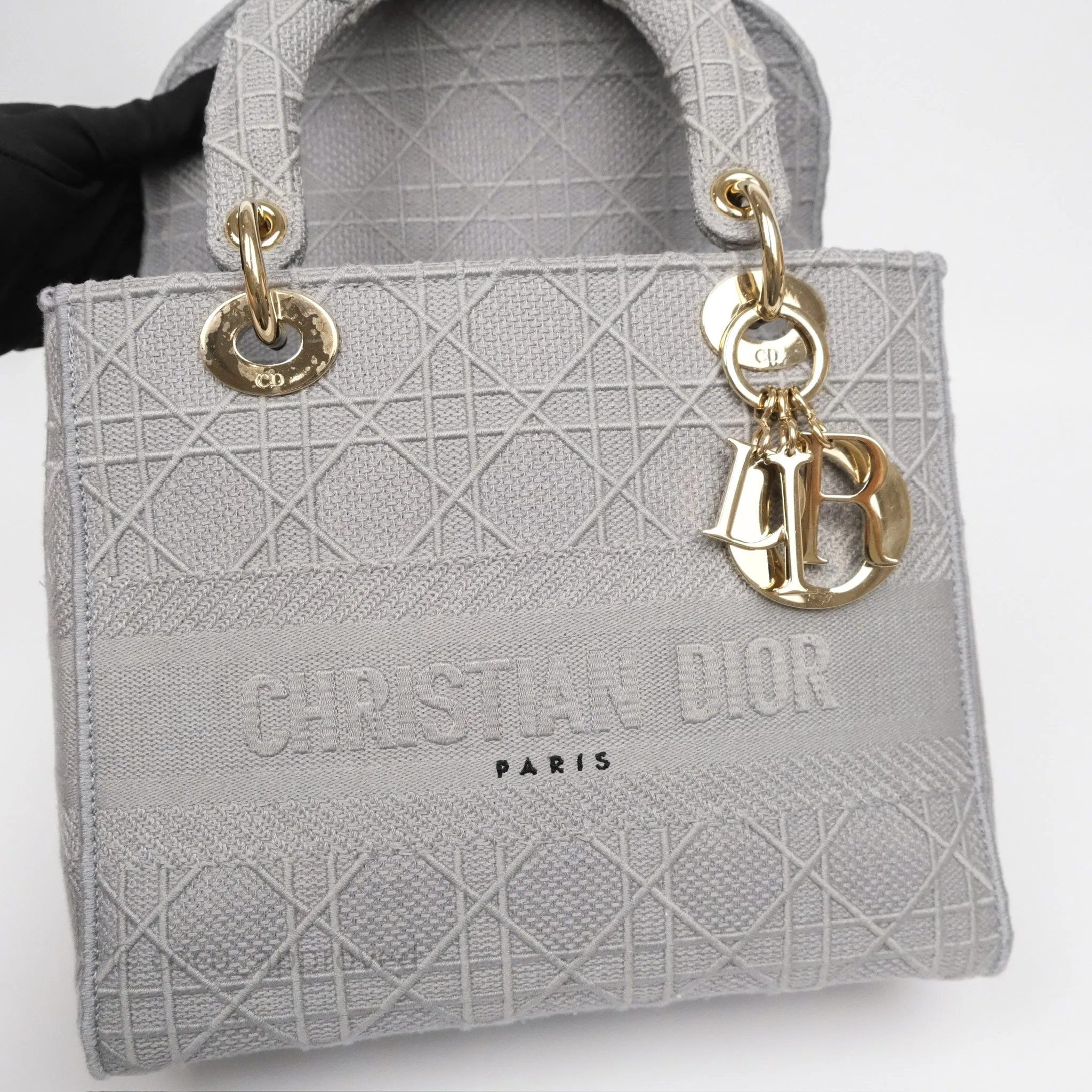 Dior Medium Lady D-Lite Bag Gray Cannage Embroidery Gold Hardware