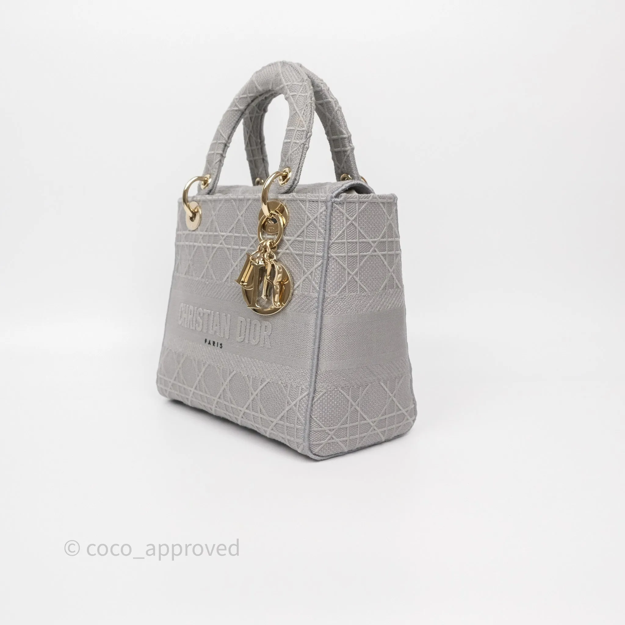 Dior Medium Lady D-Lite Bag Gray Cannage Embroidery Gold Hardware