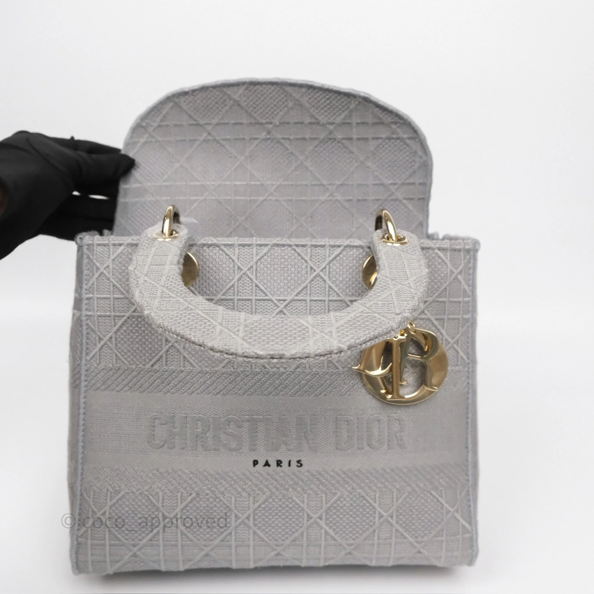 Dior Medium Lady D-Lite Bag Gray Cannage Embroidery Gold Hardware