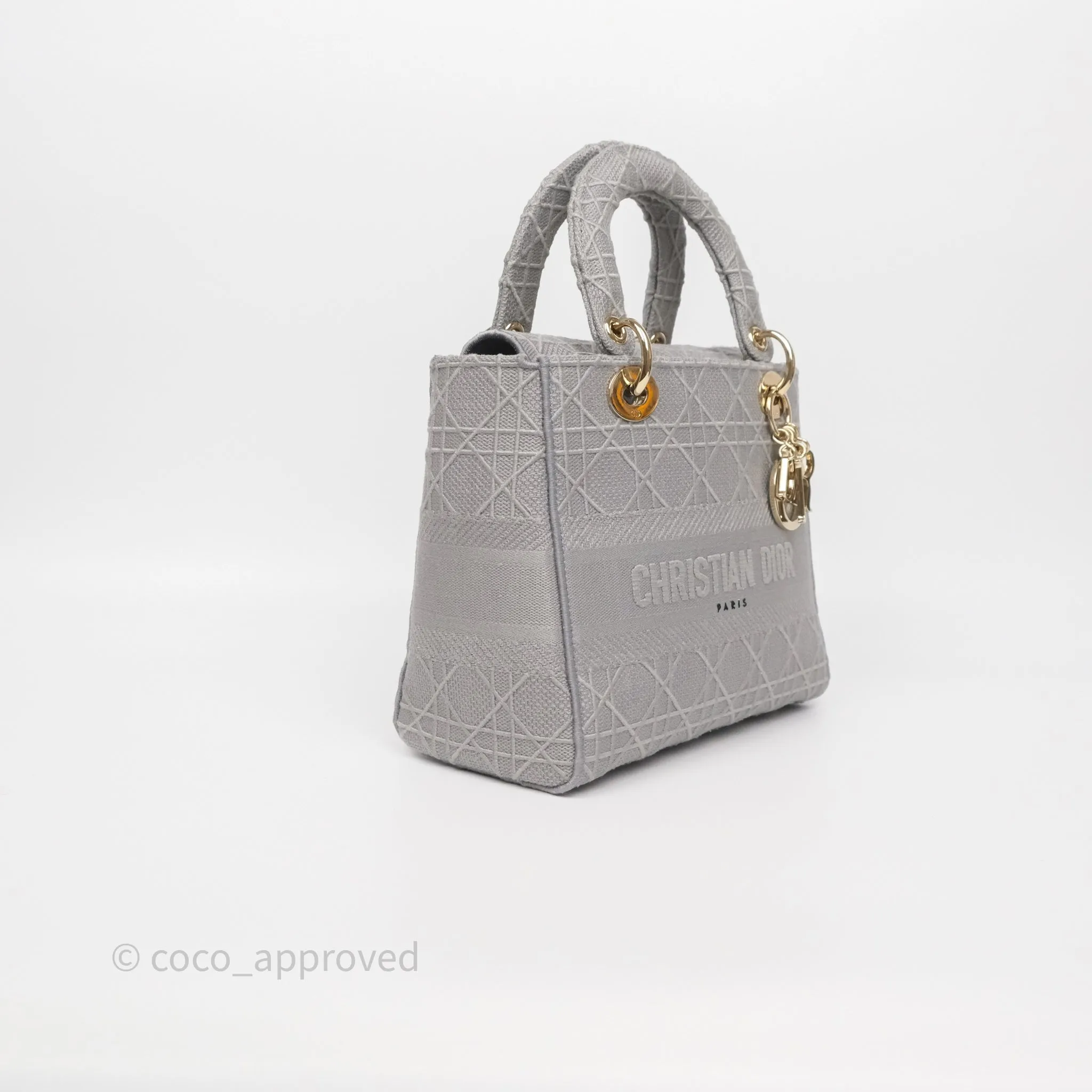 Dior Medium Lady D-Lite Bag Gray Cannage Embroidery Gold Hardware