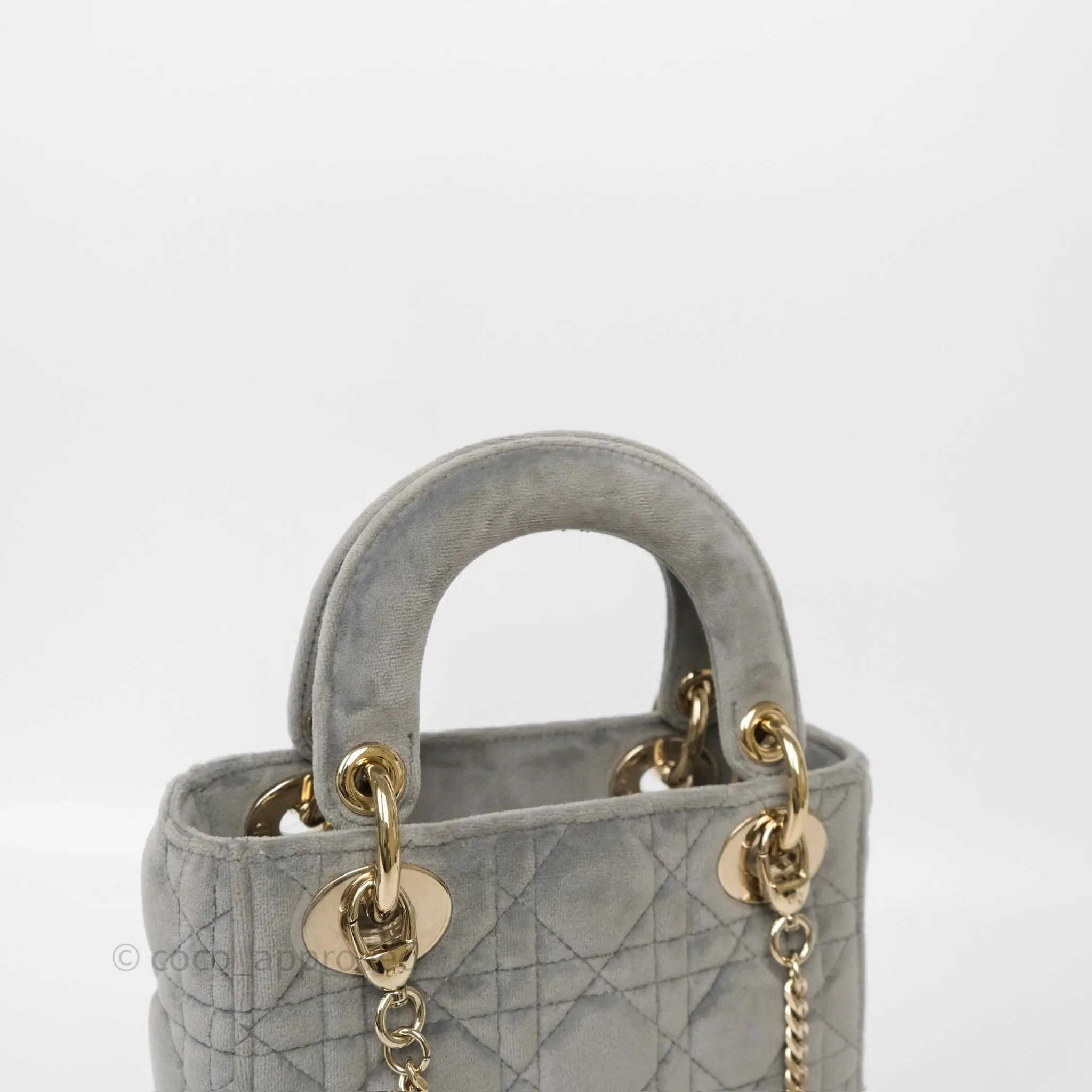 Dior Mini Lady Dior Grey Velvet Cannage Crystal Charms Gold Hardware