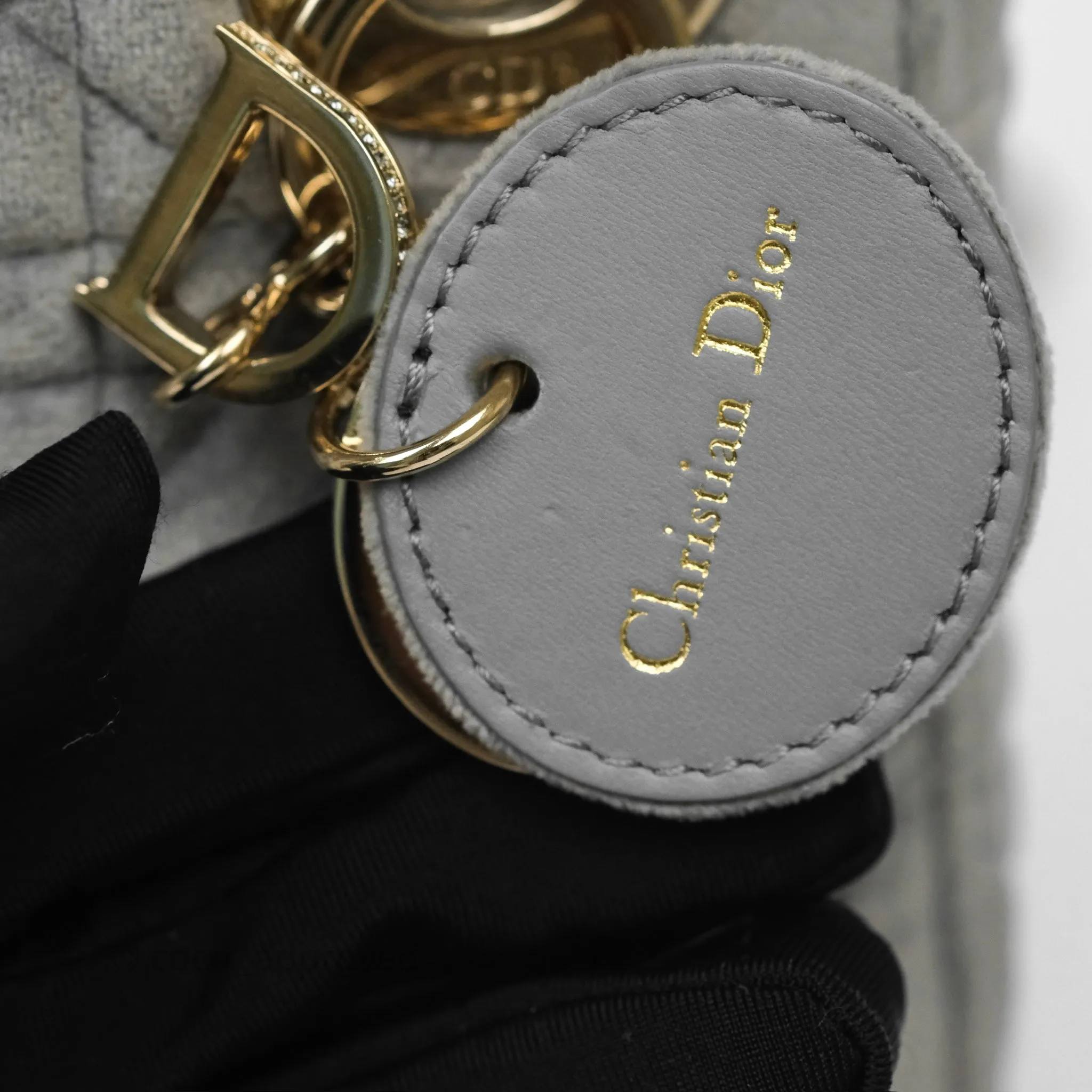 Dior Mini Lady Dior Grey Velvet Cannage Crystal Charms Gold Hardware