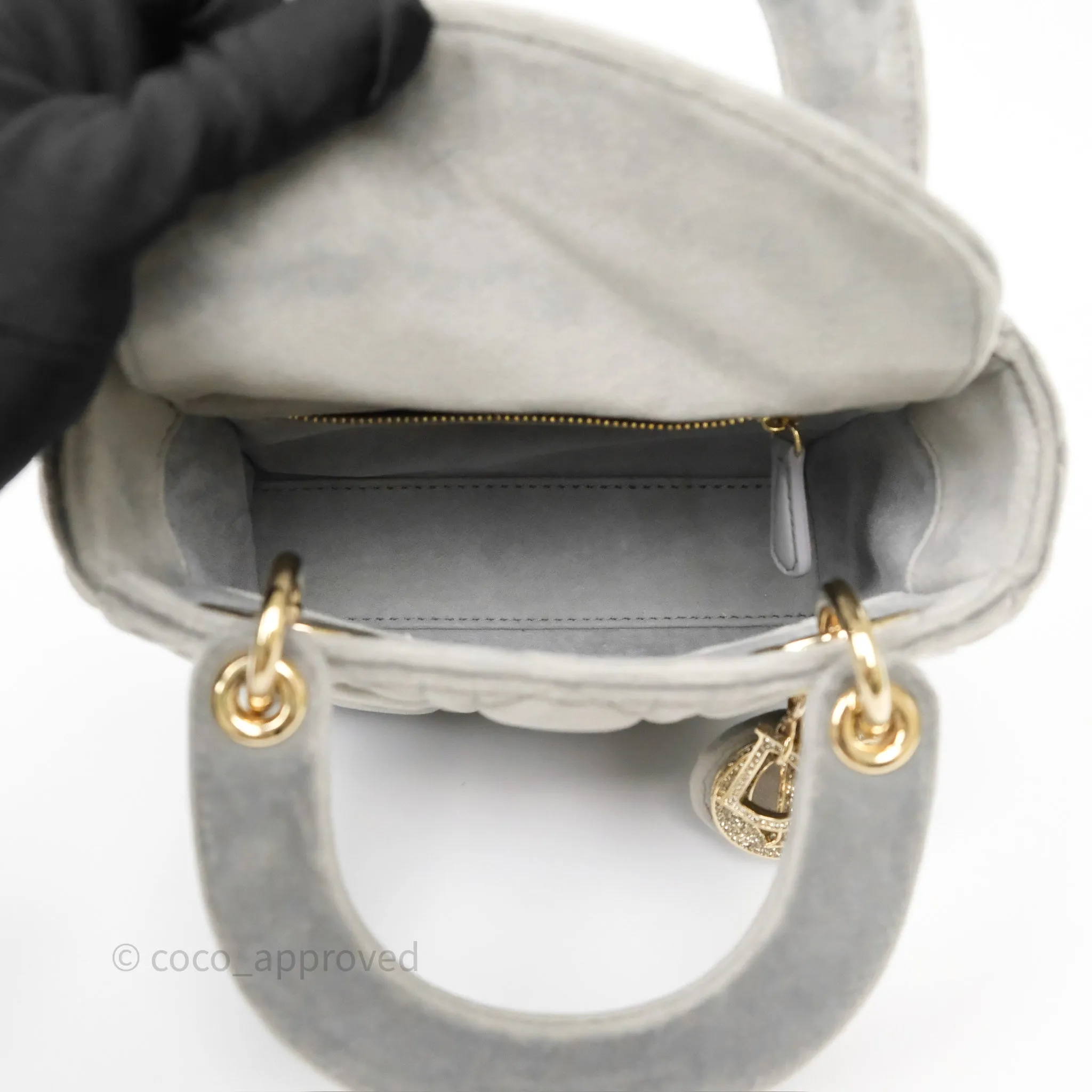 Dior Mini Lady Dior Grey Velvet Cannage Crystal Charms Gold Hardware