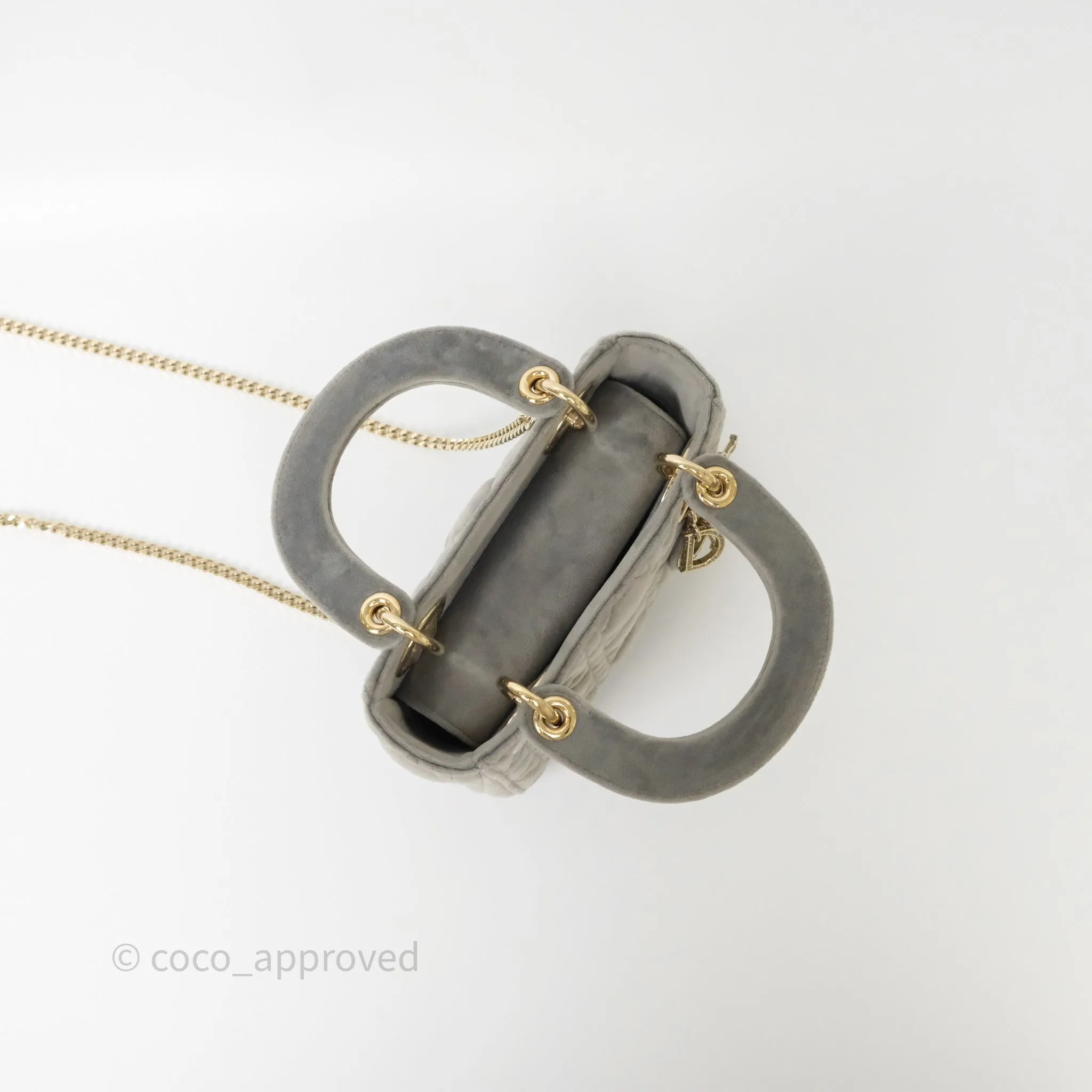 Dior Mini Lady Dior Grey Velvet Cannage Crystal Charms Gold Hardware