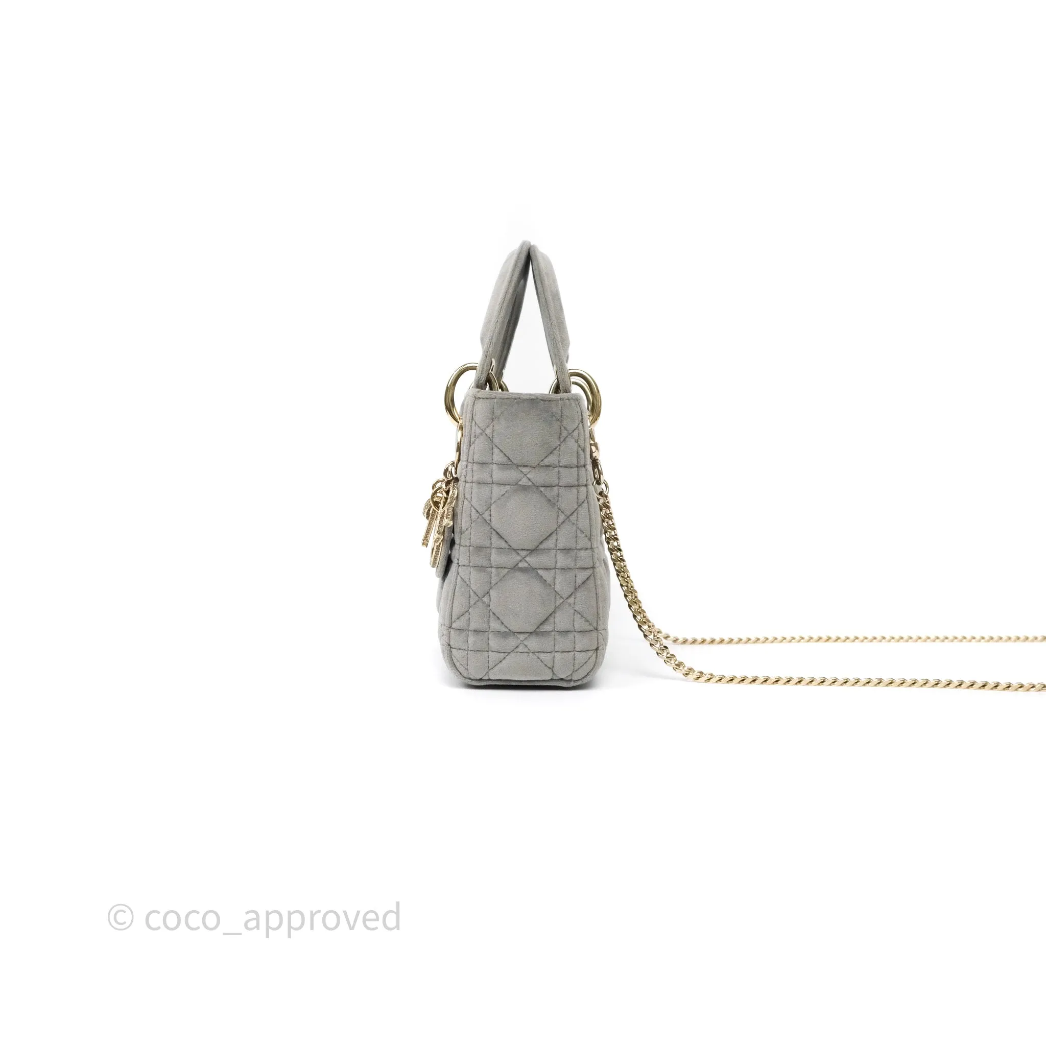 Dior Mini Lady Dior Grey Velvet Cannage Crystal Charms Gold Hardware