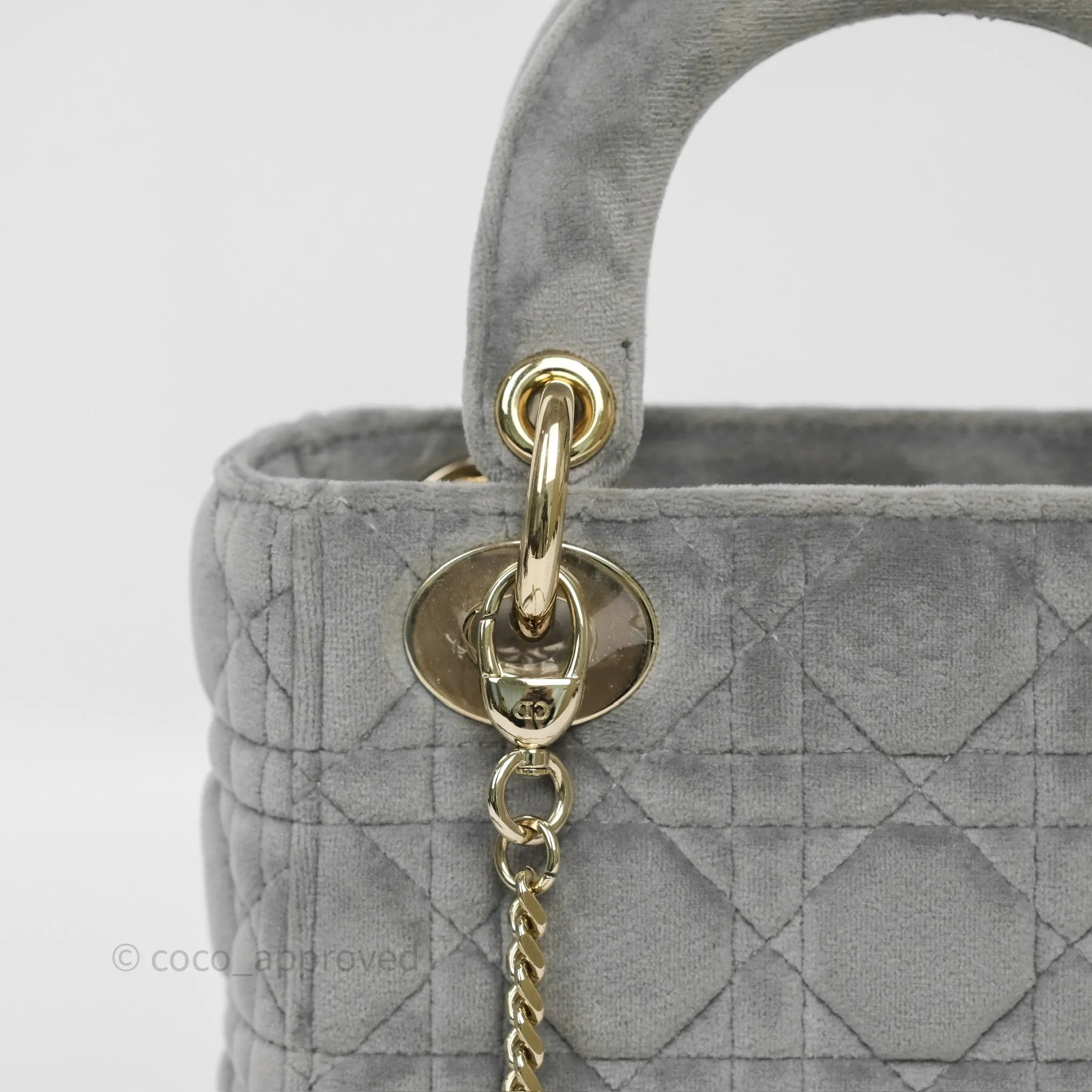 Dior Mini Lady Dior Grey Velvet Cannage Crystal Charms Gold Hardware
