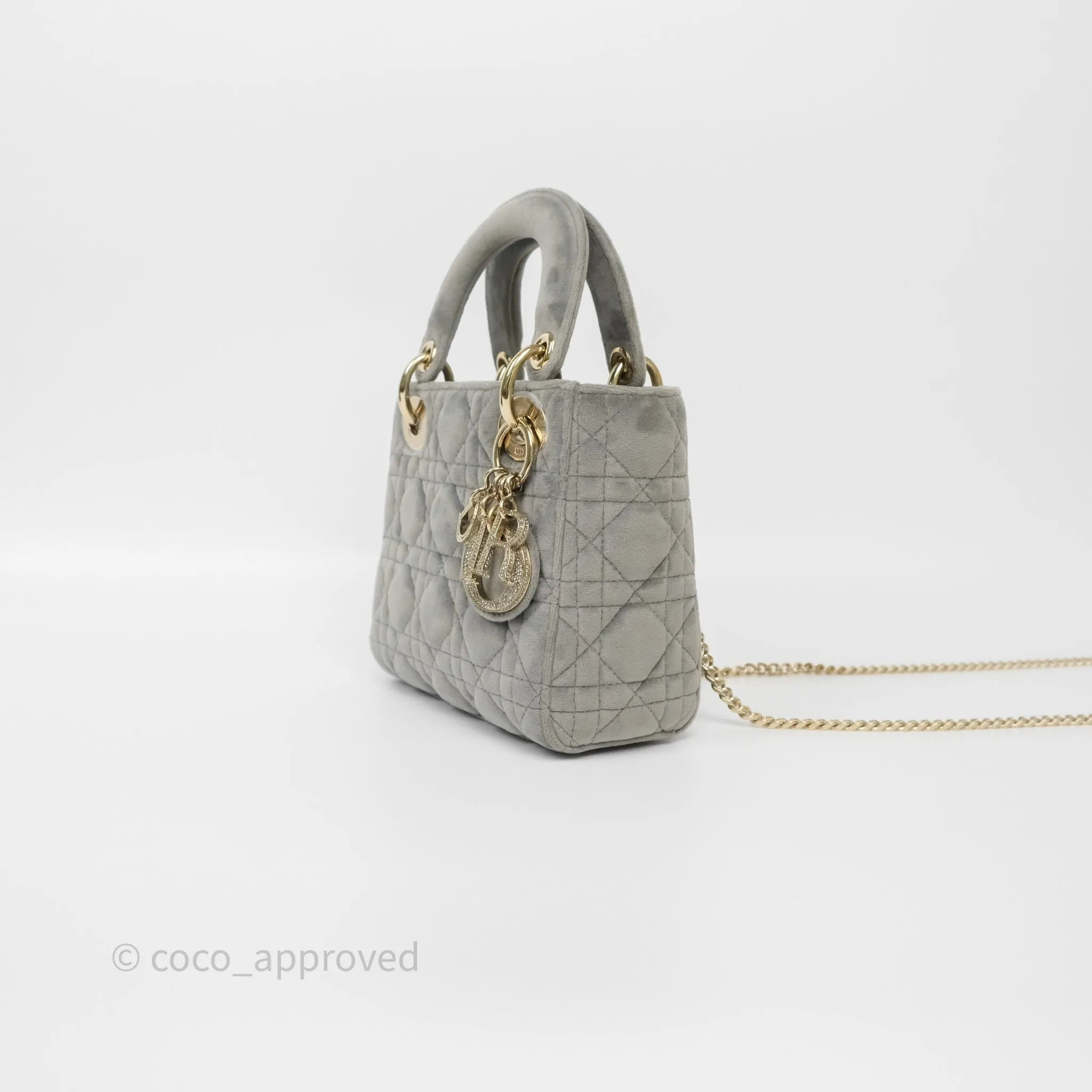 Dior Mini Lady Dior Grey Velvet Cannage Crystal Charms Gold Hardware