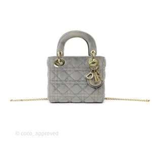 Dior Mini Lady Dior Grey Velvet Cannage Crystal Charms Gold Hardware