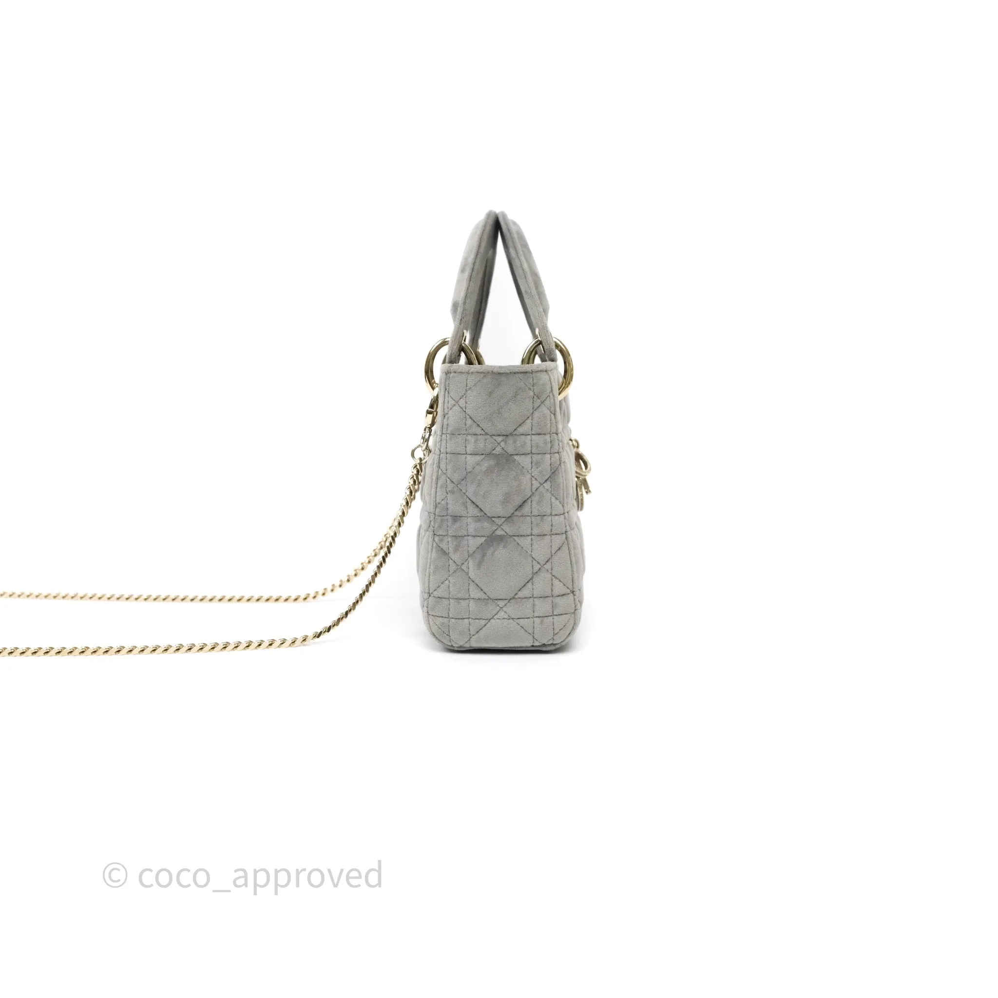 Dior Mini Lady Dior Grey Velvet Cannage Crystal Charms Gold Hardware