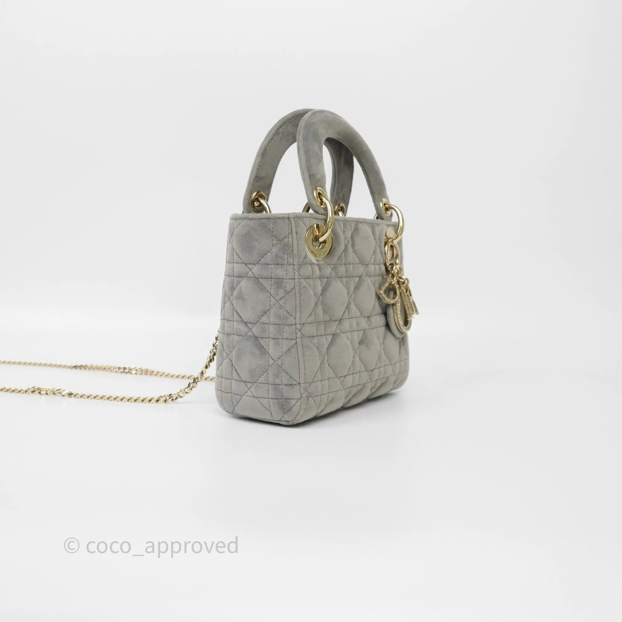 Dior Mini Lady Dior Grey Velvet Cannage Crystal Charms Gold Hardware