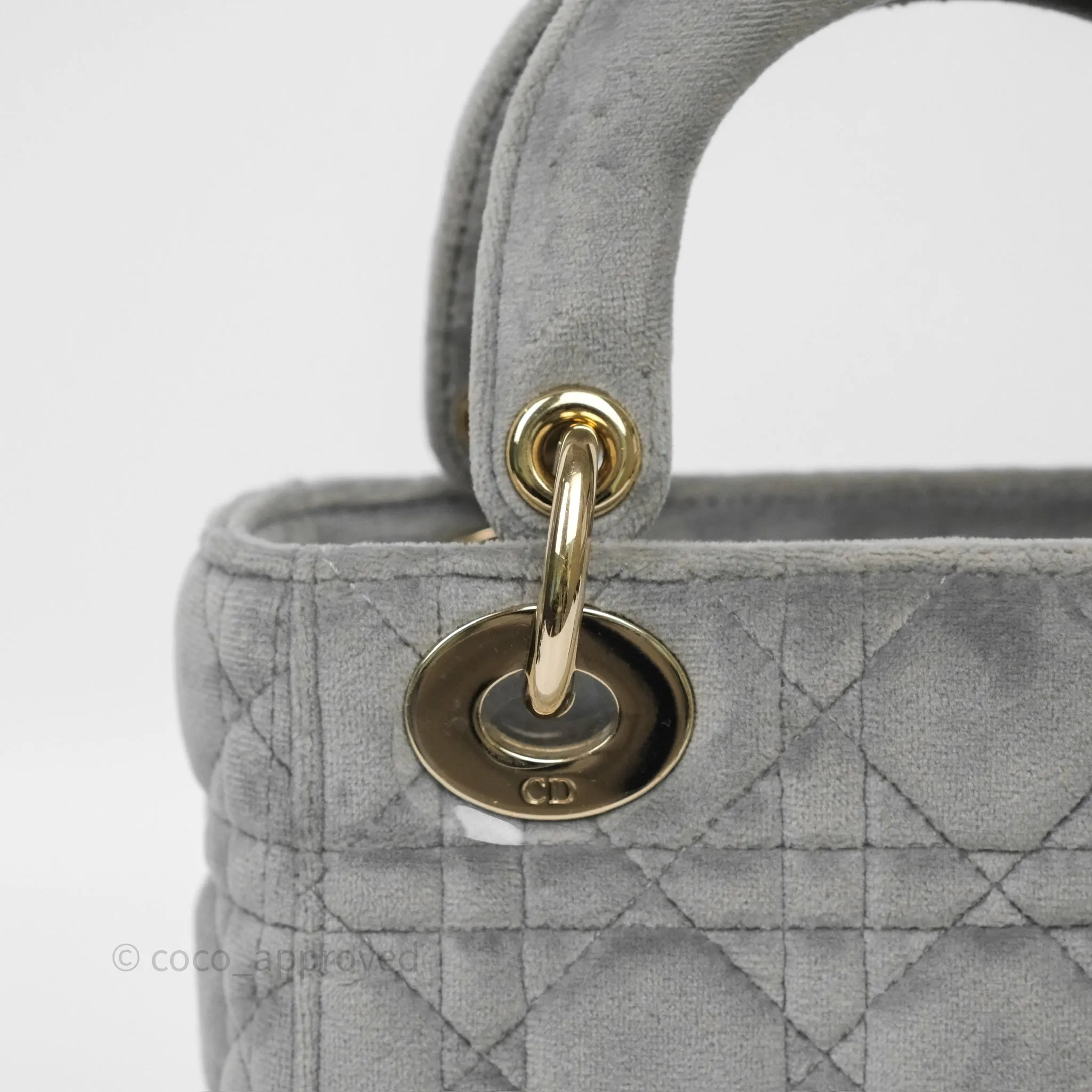 Dior Mini Lady Dior Grey Velvet Cannage Crystal Charms Gold Hardware