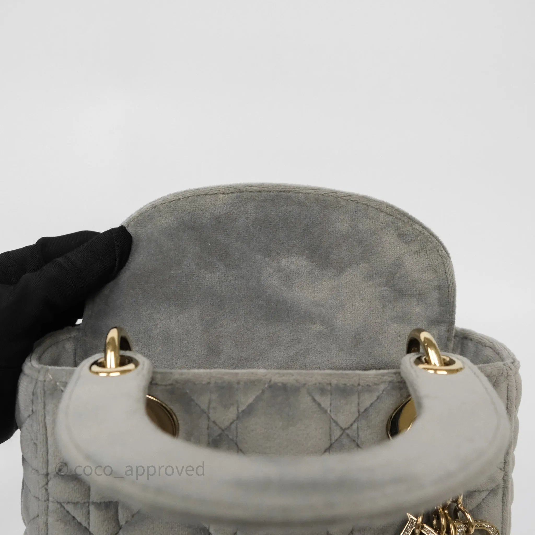Dior Mini Lady Dior Grey Velvet Cannage Crystal Charms Gold Hardware