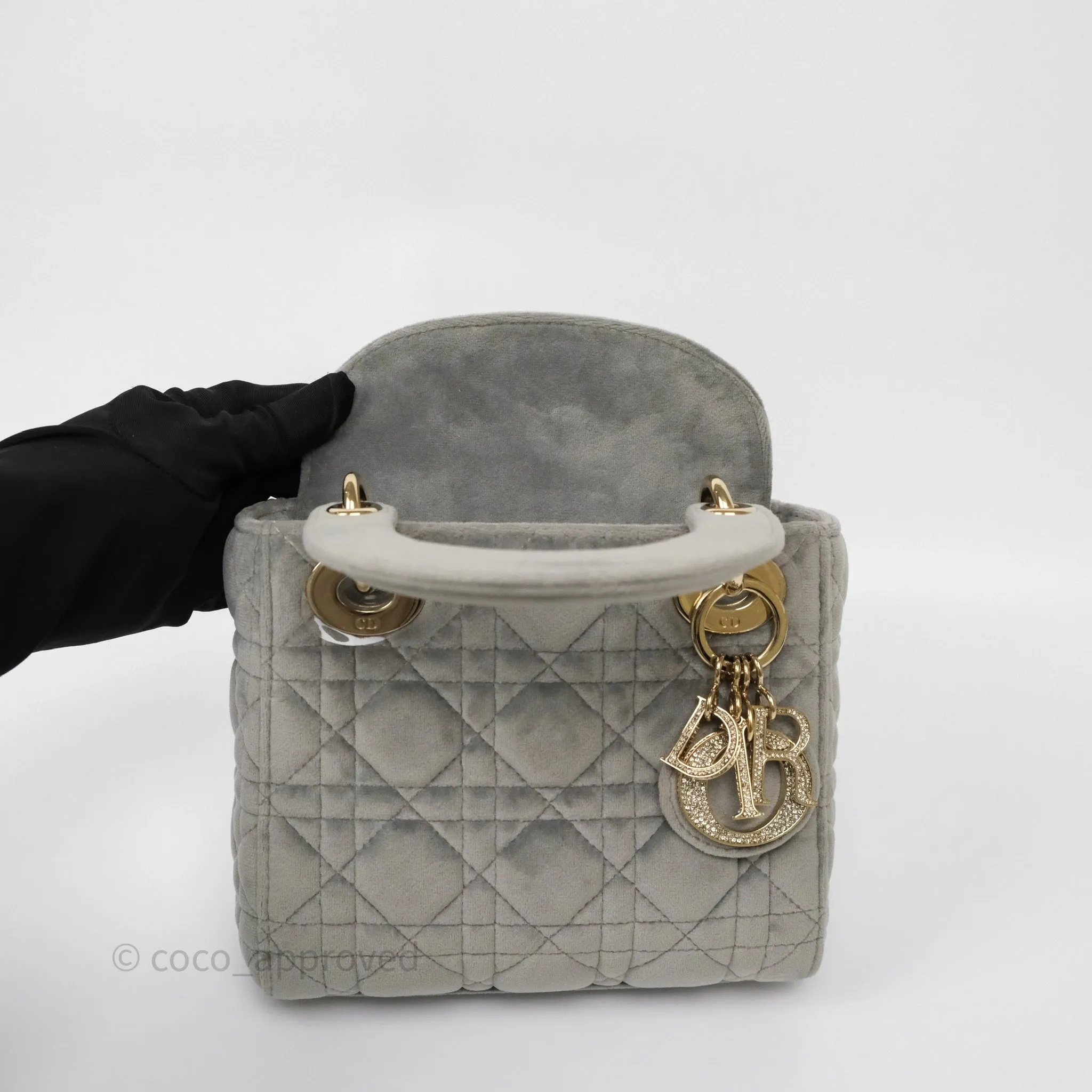 Dior Mini Lady Dior Grey Velvet Cannage Crystal Charms Gold Hardware