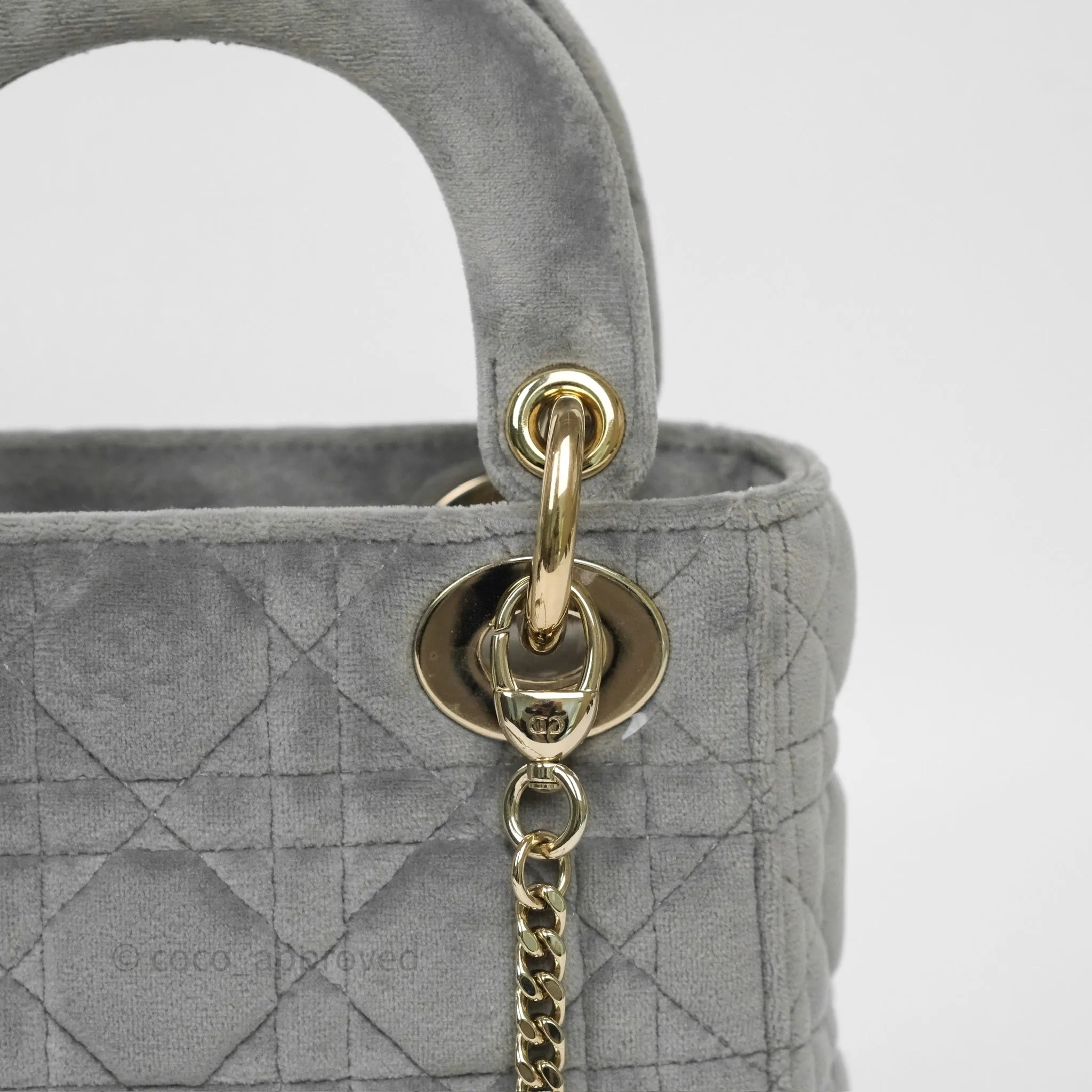 Dior Mini Lady Dior Grey Velvet Cannage Crystal Charms Gold Hardware