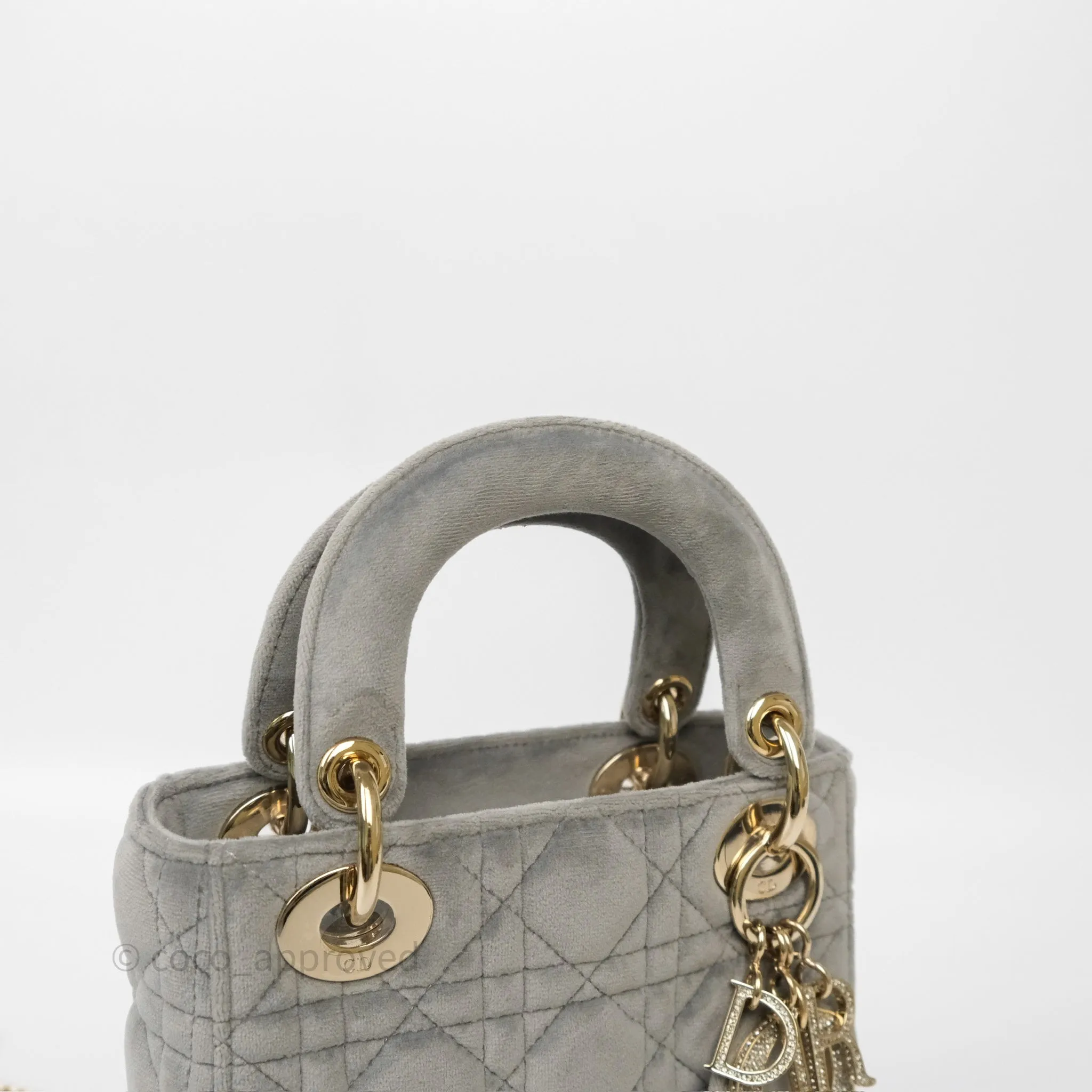 Dior Mini Lady Dior Grey Velvet Cannage Crystal Charms Gold Hardware
