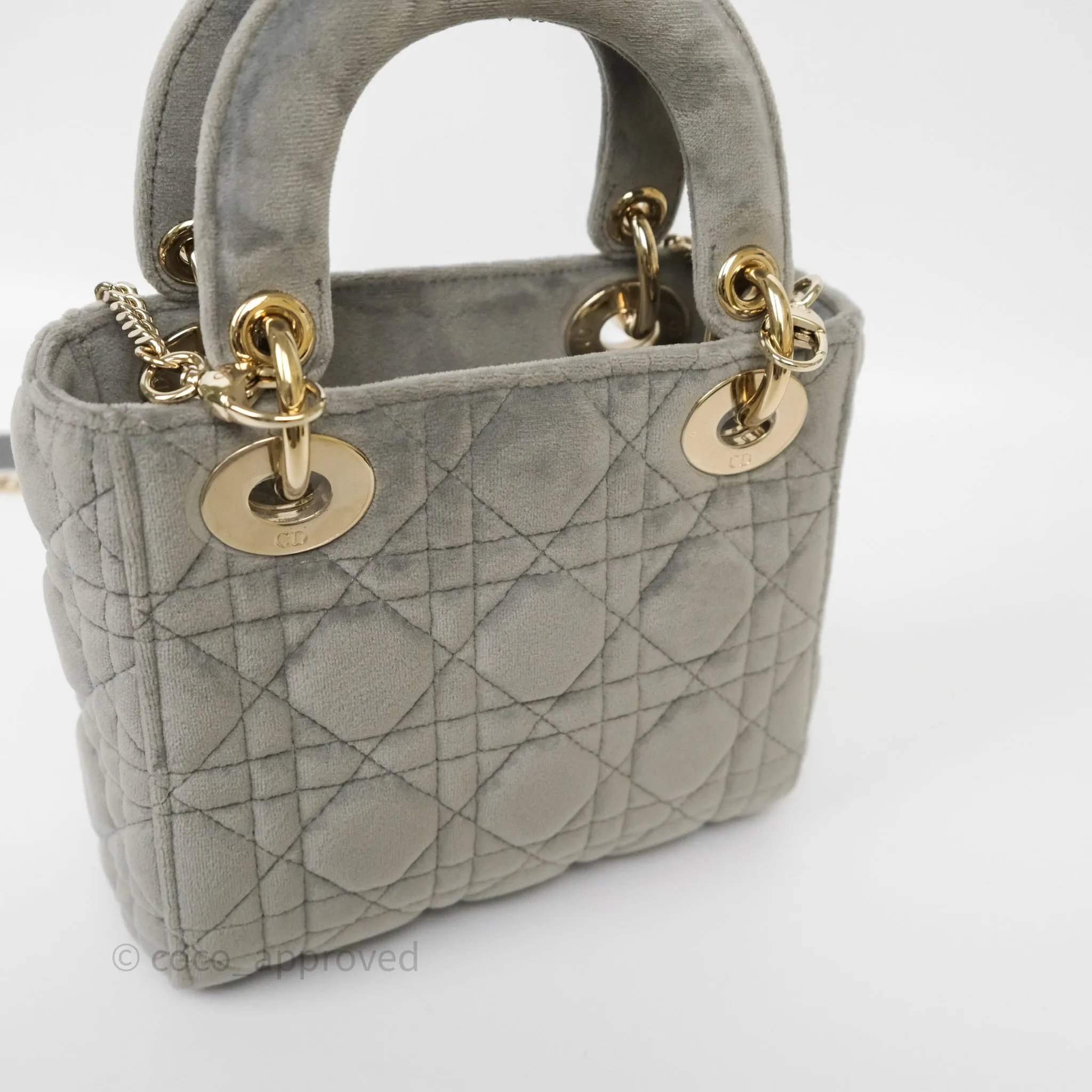 Dior Mini Lady Dior Grey Velvet Cannage Crystal Charms Gold Hardware