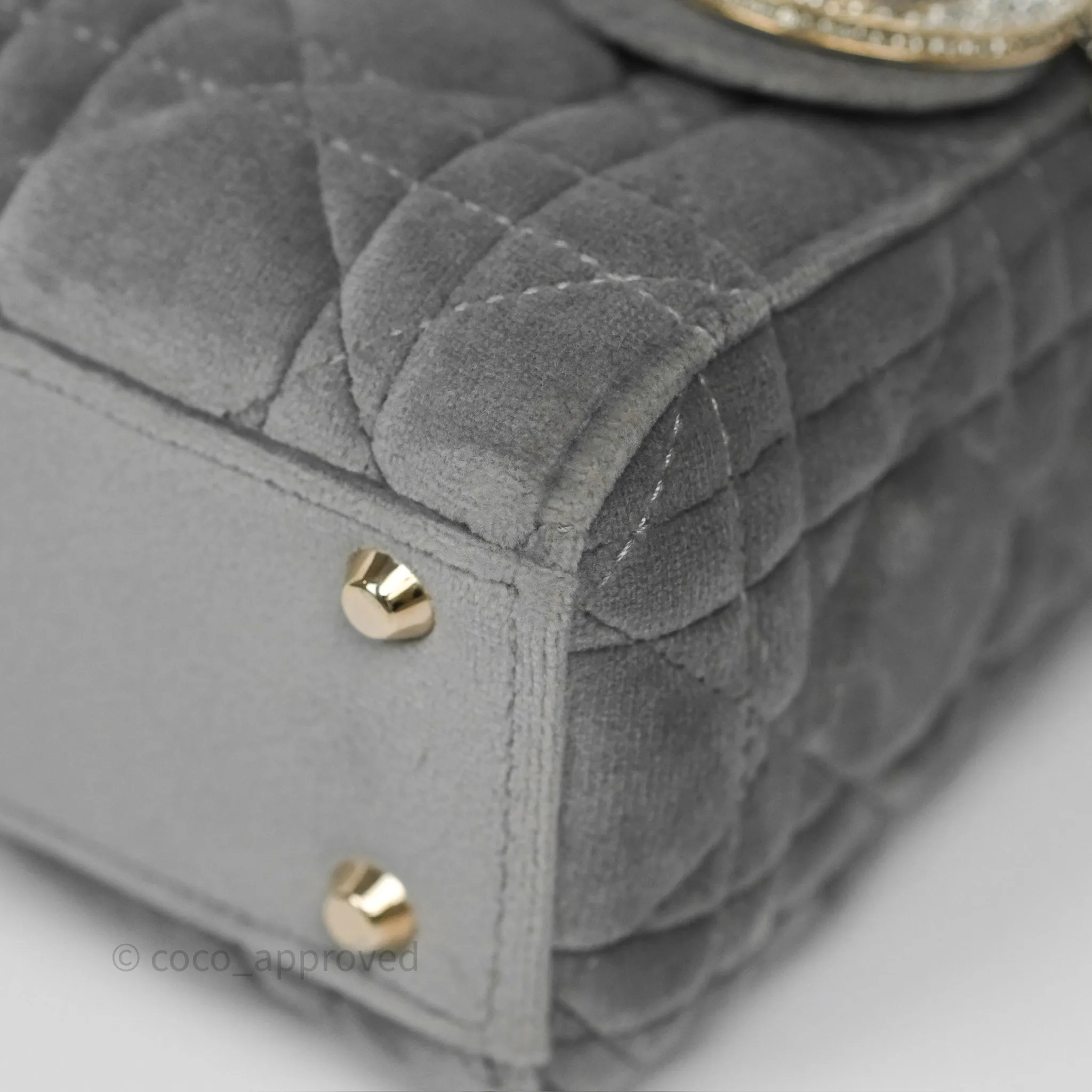 Dior Mini Lady Dior Grey Velvet Cannage Crystal Charms Gold Hardware