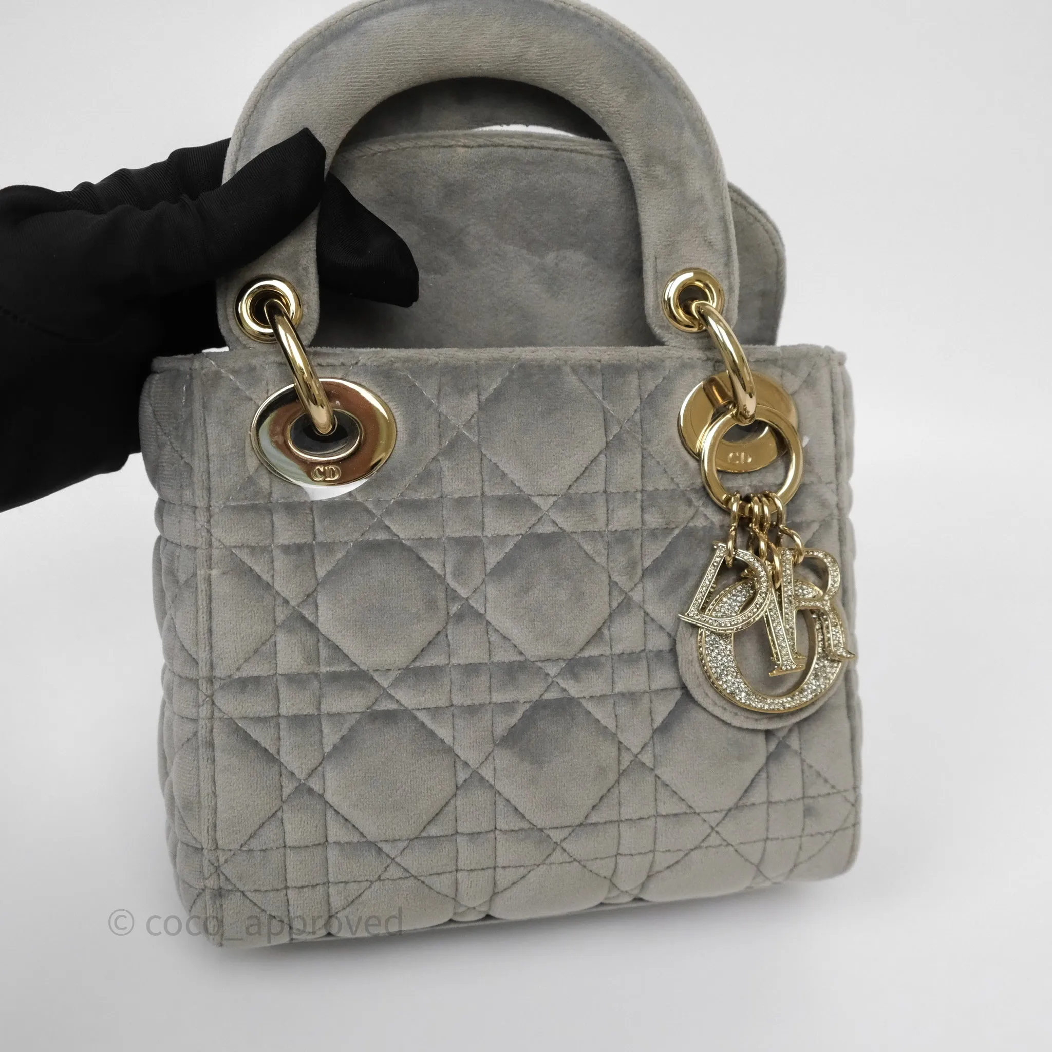 Dior Mini Lady Dior Grey Velvet Cannage Crystal Charms Gold Hardware