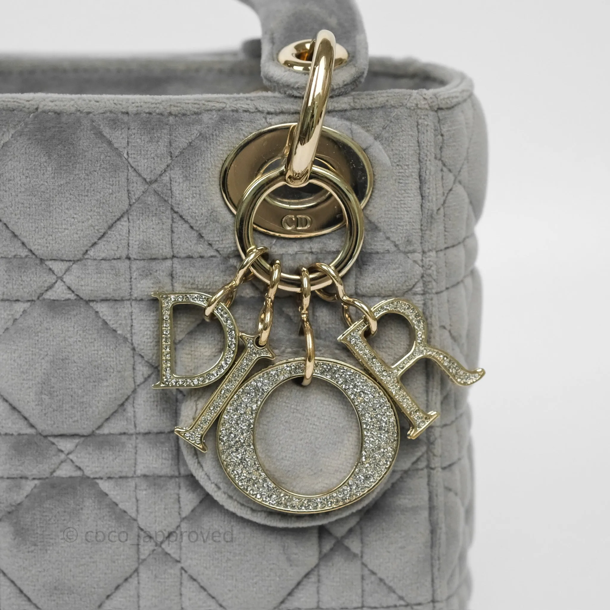 Dior Mini Lady Dior Grey Velvet Cannage Crystal Charms Gold Hardware