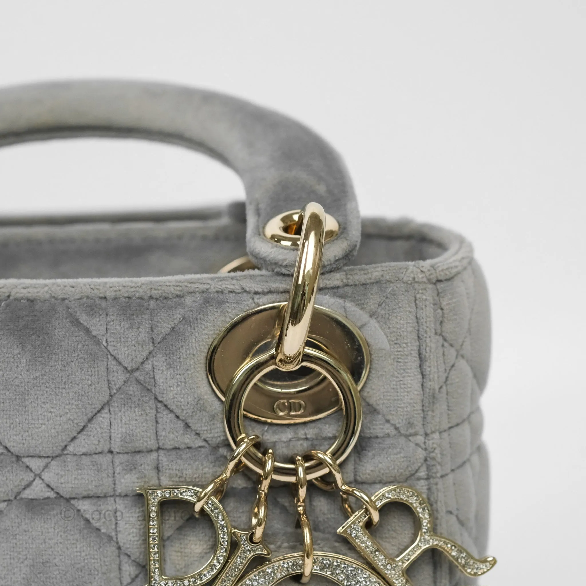 Dior Mini Lady Dior Grey Velvet Cannage Crystal Charms Gold Hardware