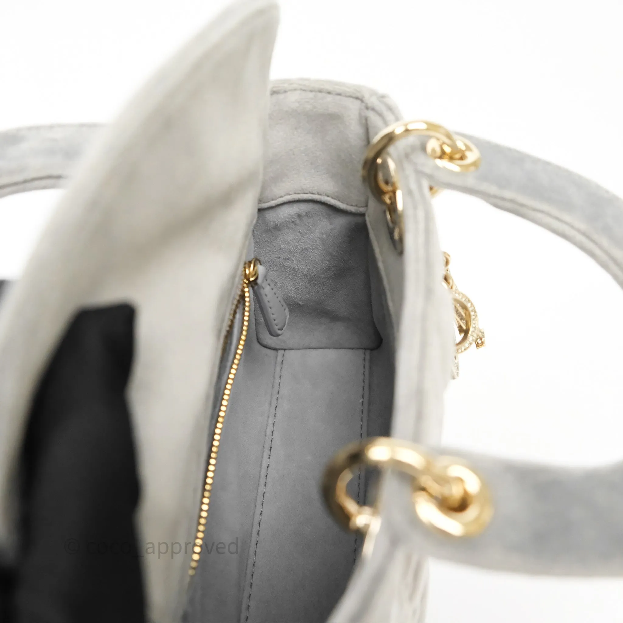 Dior Mini Lady Dior Grey Velvet Cannage Crystal Charms Gold Hardware